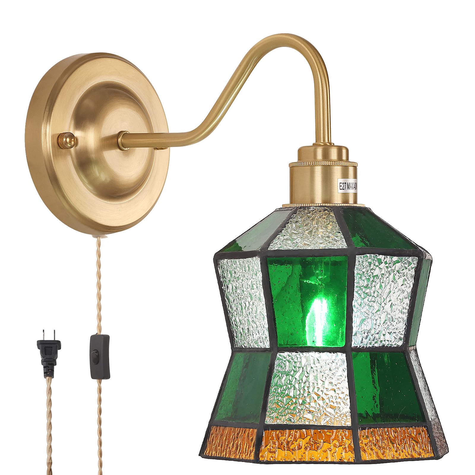 Shenmoyl Vintage Wall Sconce, Stained Glass Shade, 1 Light Plug in, Polygonal Checker, Model 1-94143-wlamp