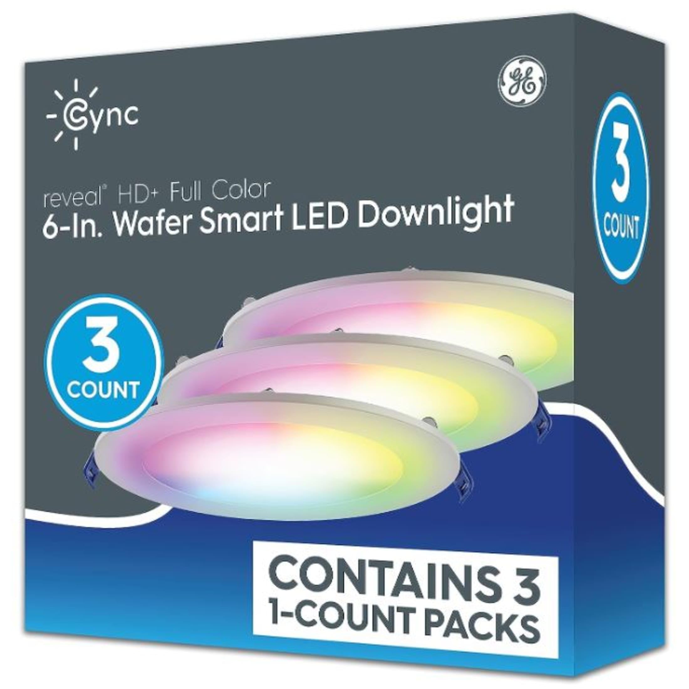 GE CYNC Smart LED Wafer Downlight Fixture, Reveal + Full Color, 6 Inches, Bluetooth and Wi-Fi, Compatible with Alexa and Google 