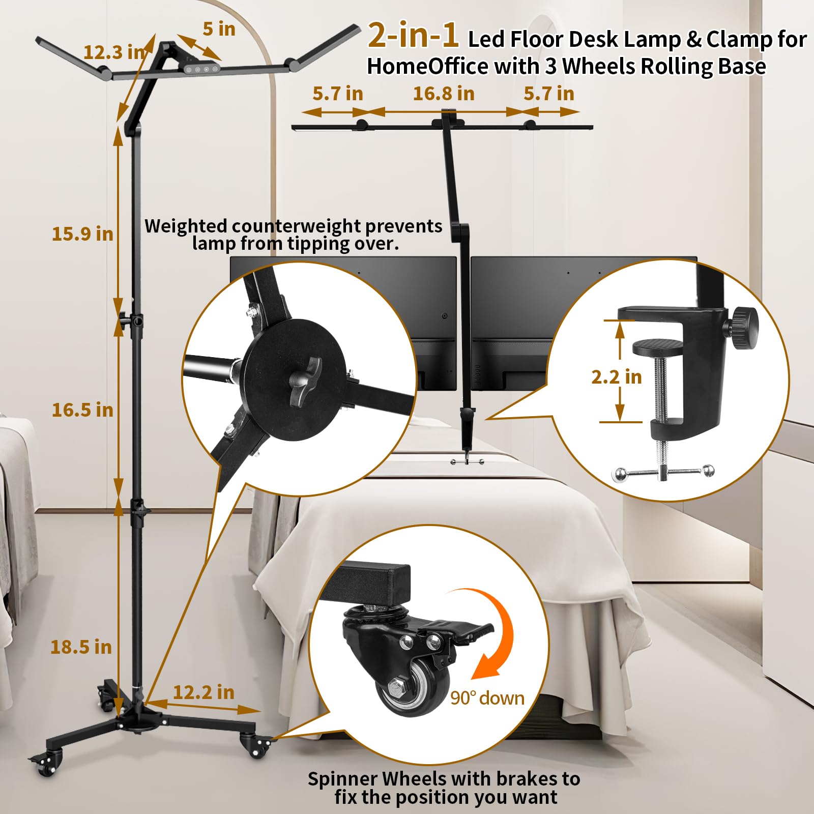 Hitti Lash Light For Eyelash Tech, 2-In-1 Led Floor Light And Clamp, Bright Foldable Half Moon Light, Stepless Dimming 3 Color E