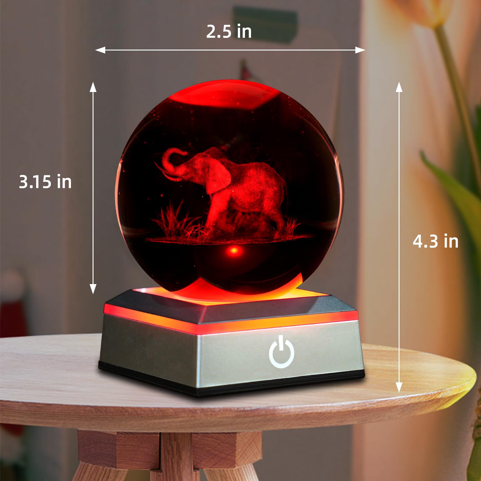 Oriamde 3D Elephant Crystal Ball Night Light 3.15 Inch Glass Ball Table Lamp With Color Changing Touch Base Decor Ideal Elephant