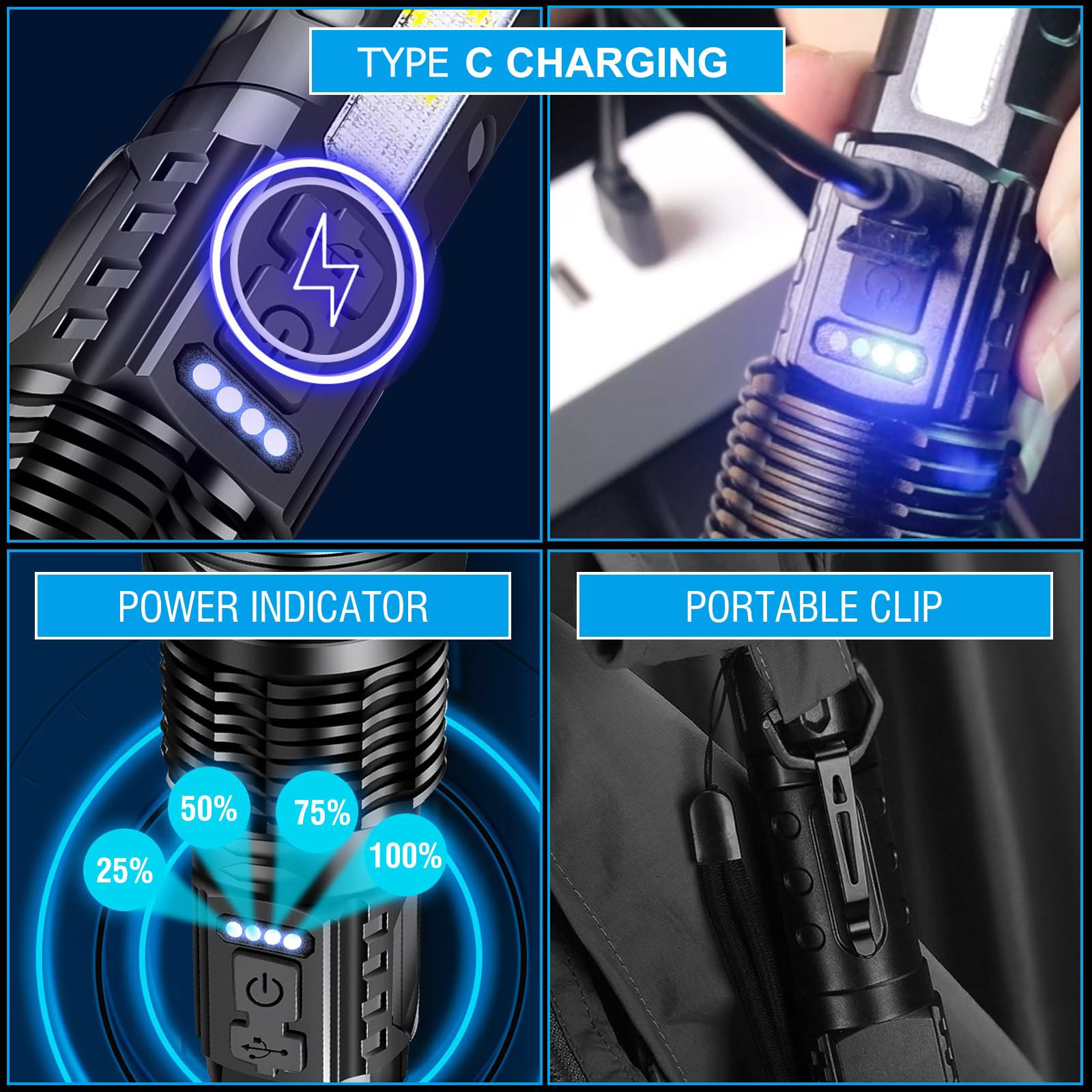 HOSONIC A76 Rechargeable Flashlight - 20000 Lumens, 7 Modes, COB Side Light, Aluminum, Gray, Handheld for Camping & Emergencies