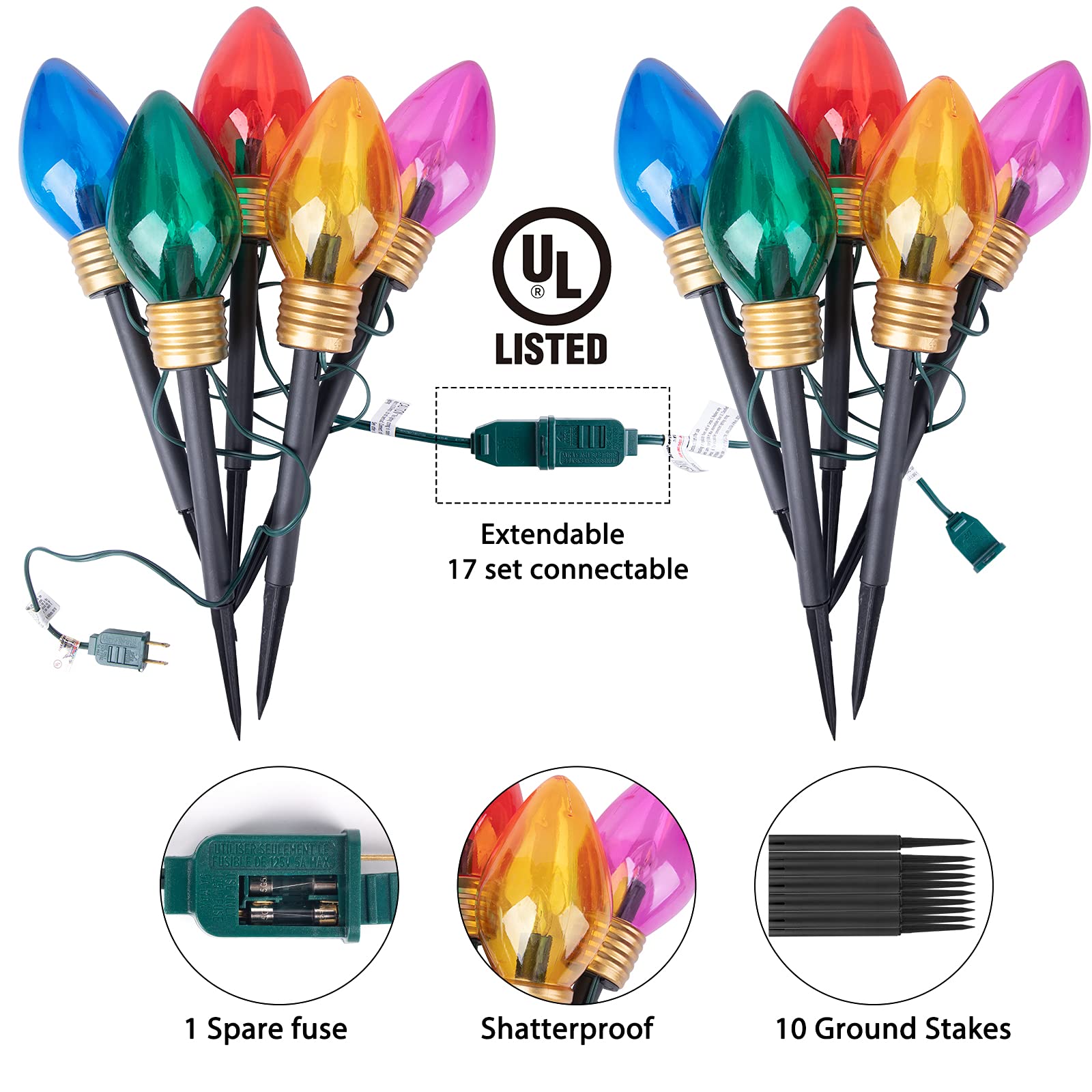 2 Pack Christmas Lights Jumbo C9 Outdoor Lawn Decorations With Pathway Marker Stakes, 8.5Ft C7 Lights Covered Jumbo Glitter Mult