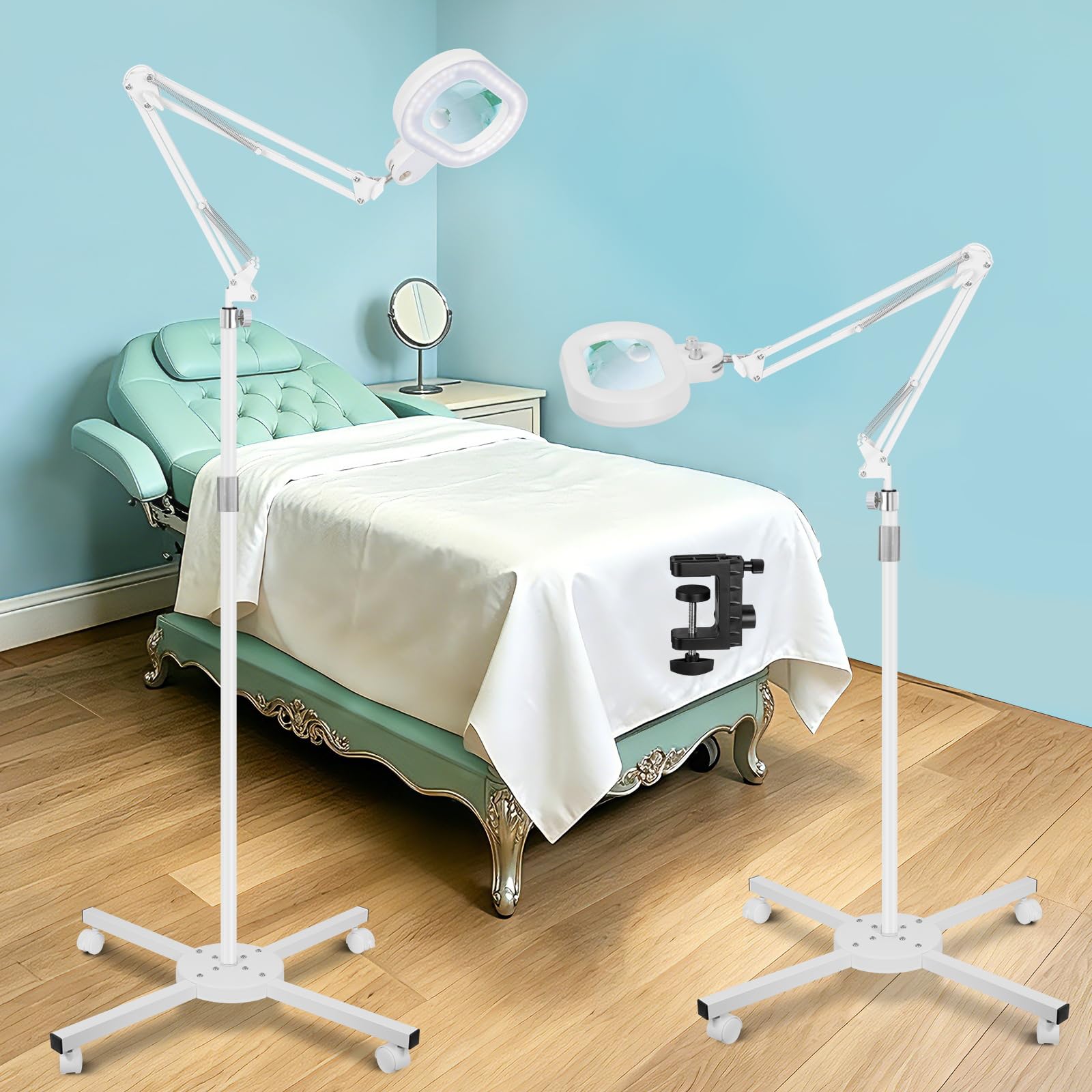 KMDES 30X 12X Floor Magnifying Glass with Light, Three-axis Rotation Lighted Magnifier lamp for Workbench, Craft, Sewing, Readin