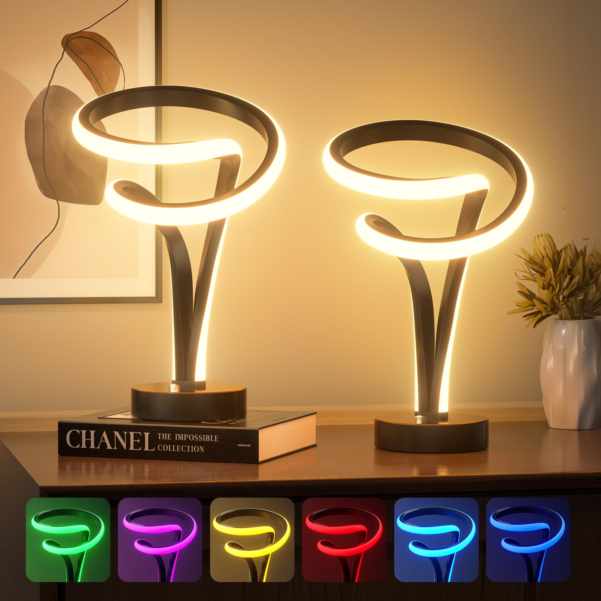 Airnasa Spiral Led Table Lamp Set Of 2 - 7 Colors, Touch Dimmable, Modern Nightstand Lamps