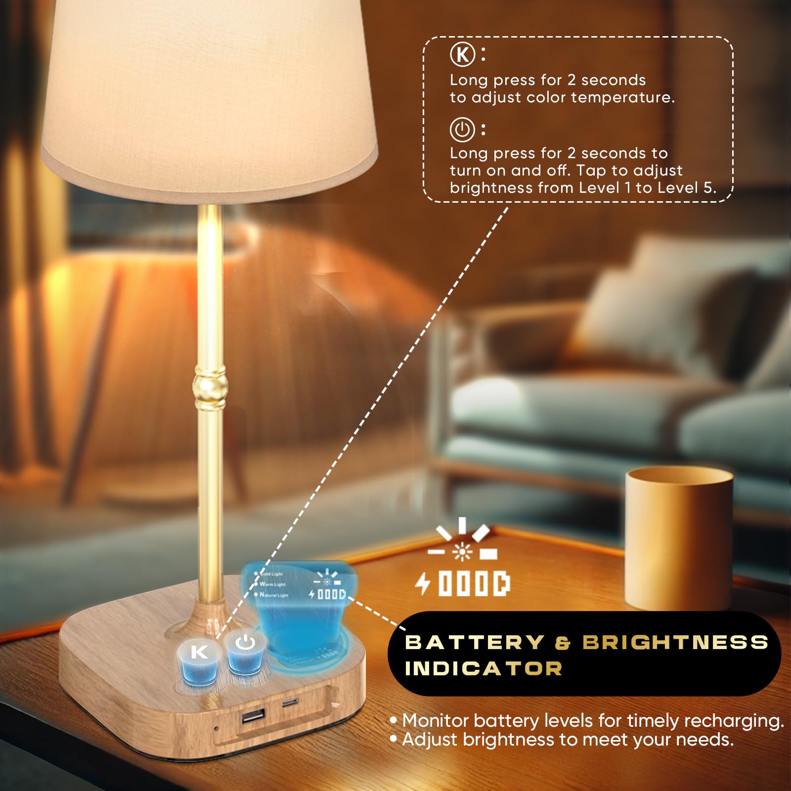 Bedside Table Lamp For Bedroom Living Room 3 Stepless Dimming Touch Lamp For Nightstand 5 Brightness Cordless Table Lamp Recharg