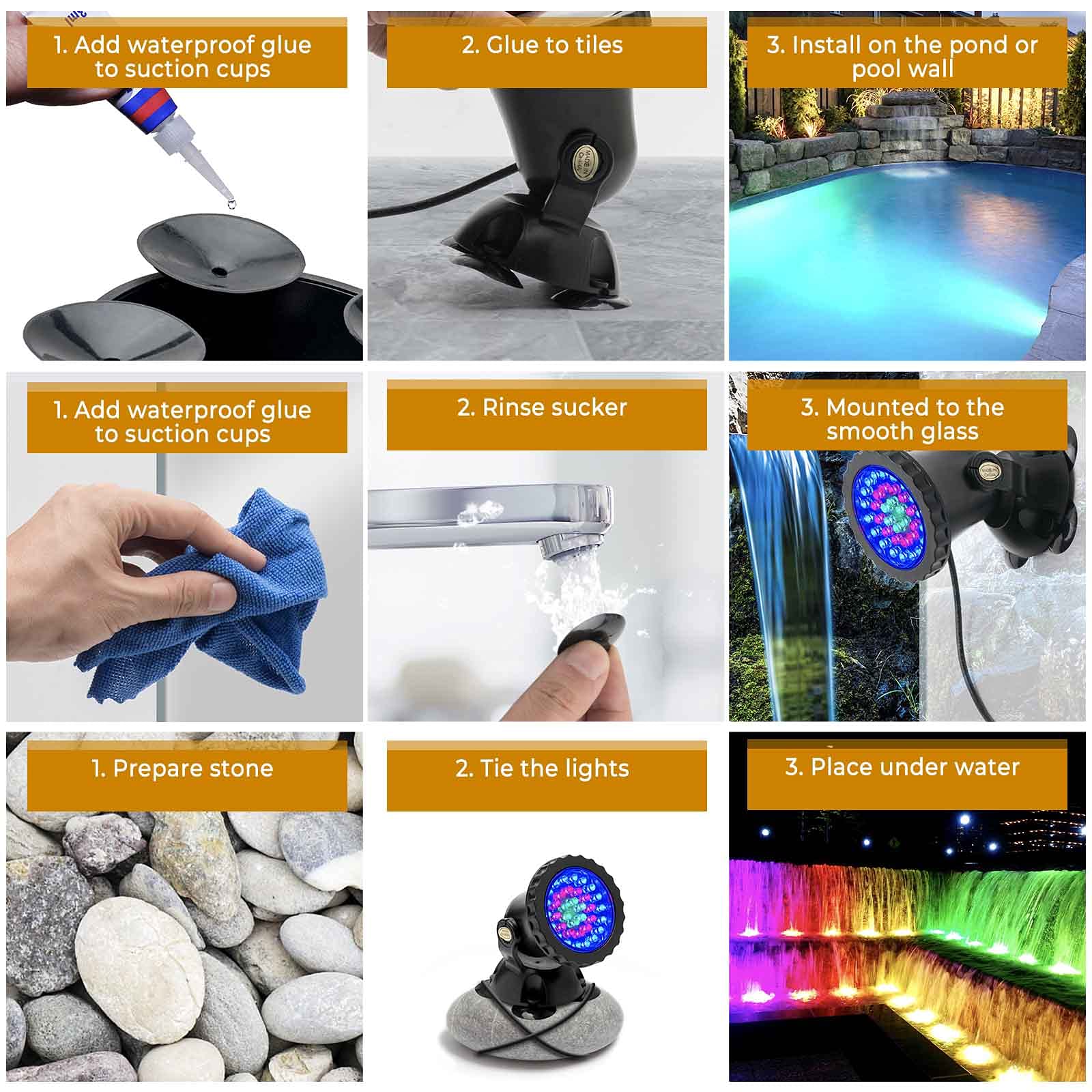 SHOYO Color Changing Pond Lights, Waterproof IP68, Dimmable, 36 LED, Set of 10, Acrylic Material
