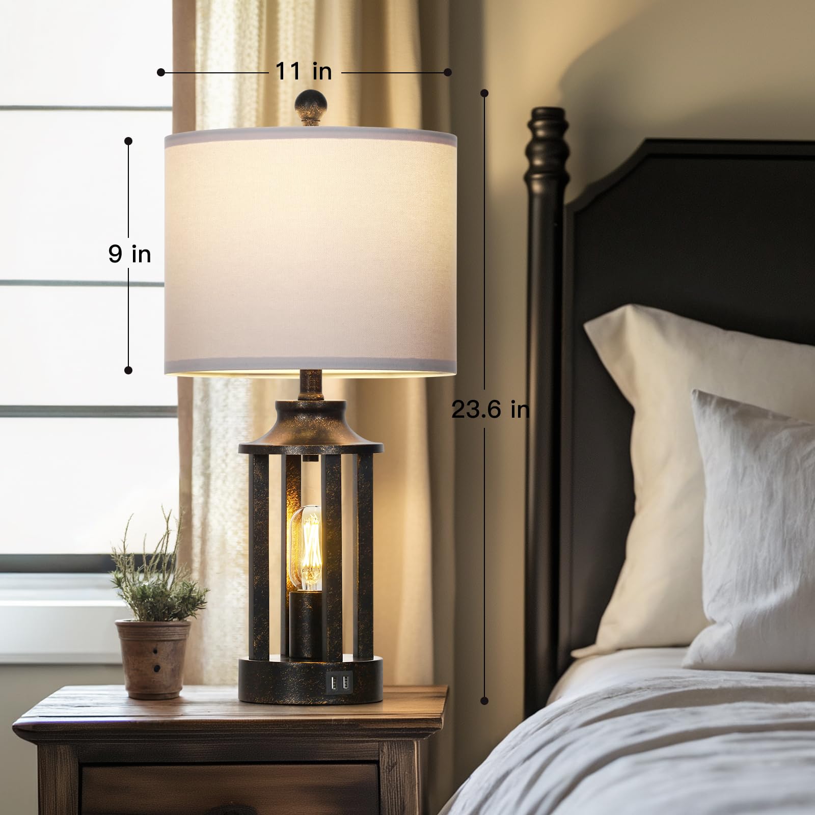 Farmhouse Table Lamps Set Of 2, Vintage Living Room Lamps With 2 Usb Ports, 3 Way Dimmable Touch Control Bedroom Lamp With 2 Led