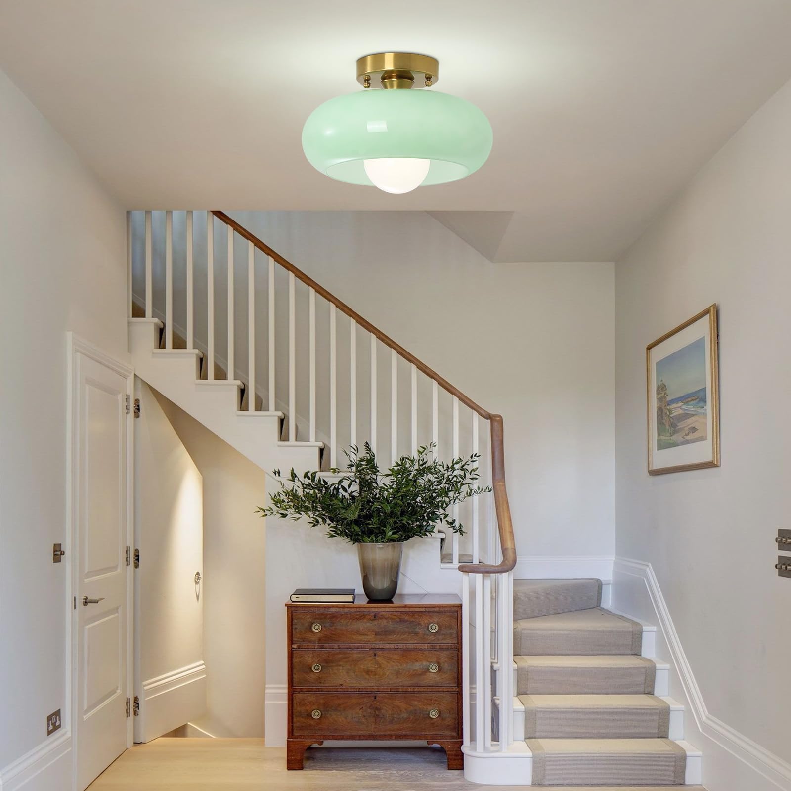 Yunnix Flush Mount Ceiling Light Glass Fixture 11.02 inch Mint Green Gold Base for Bedroom Kitchen Dining Room Hallway