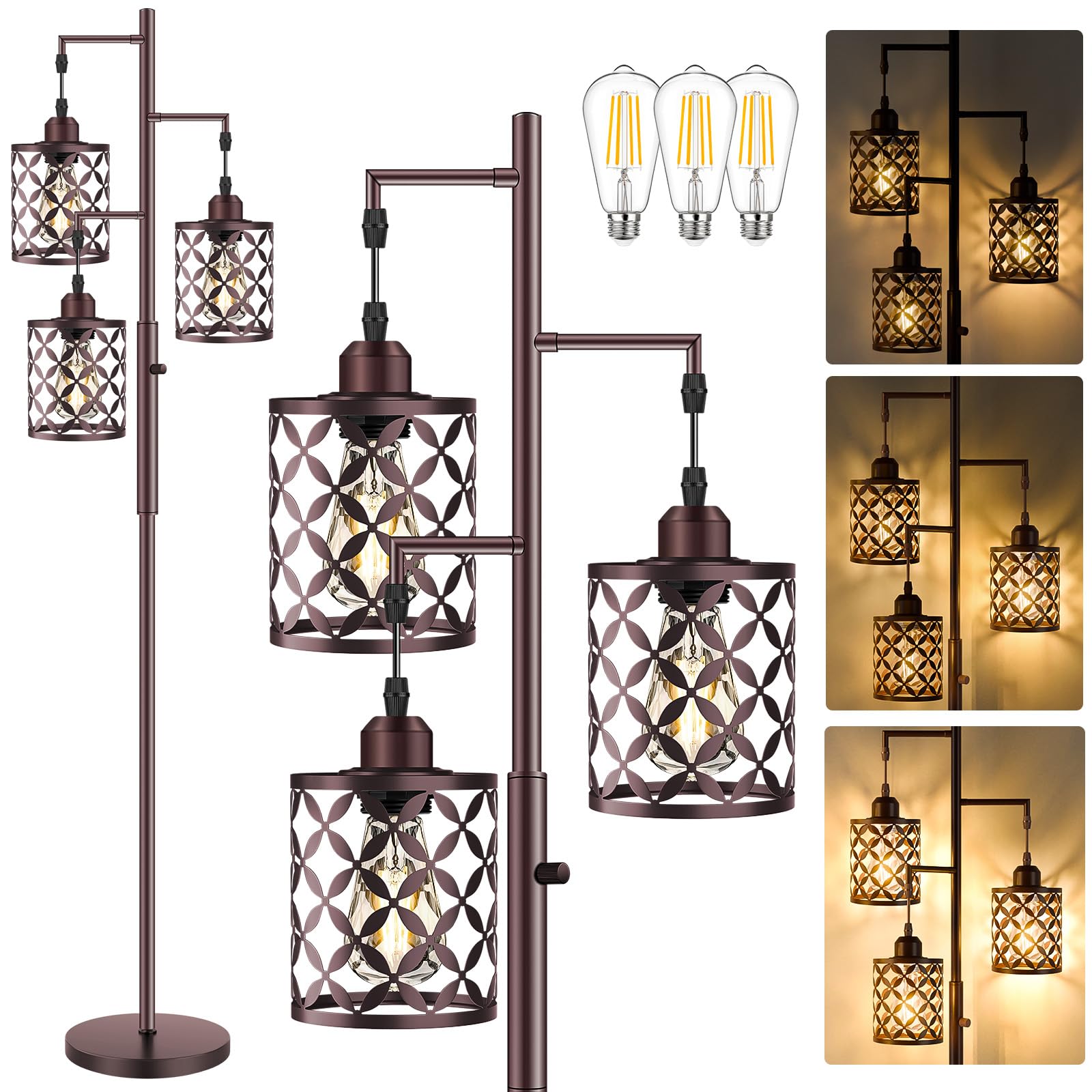 GHOOCEMLUX 68in Dimmable Floor Lamp, Brown Metal Cage, Industrial Style, Model GH-005
