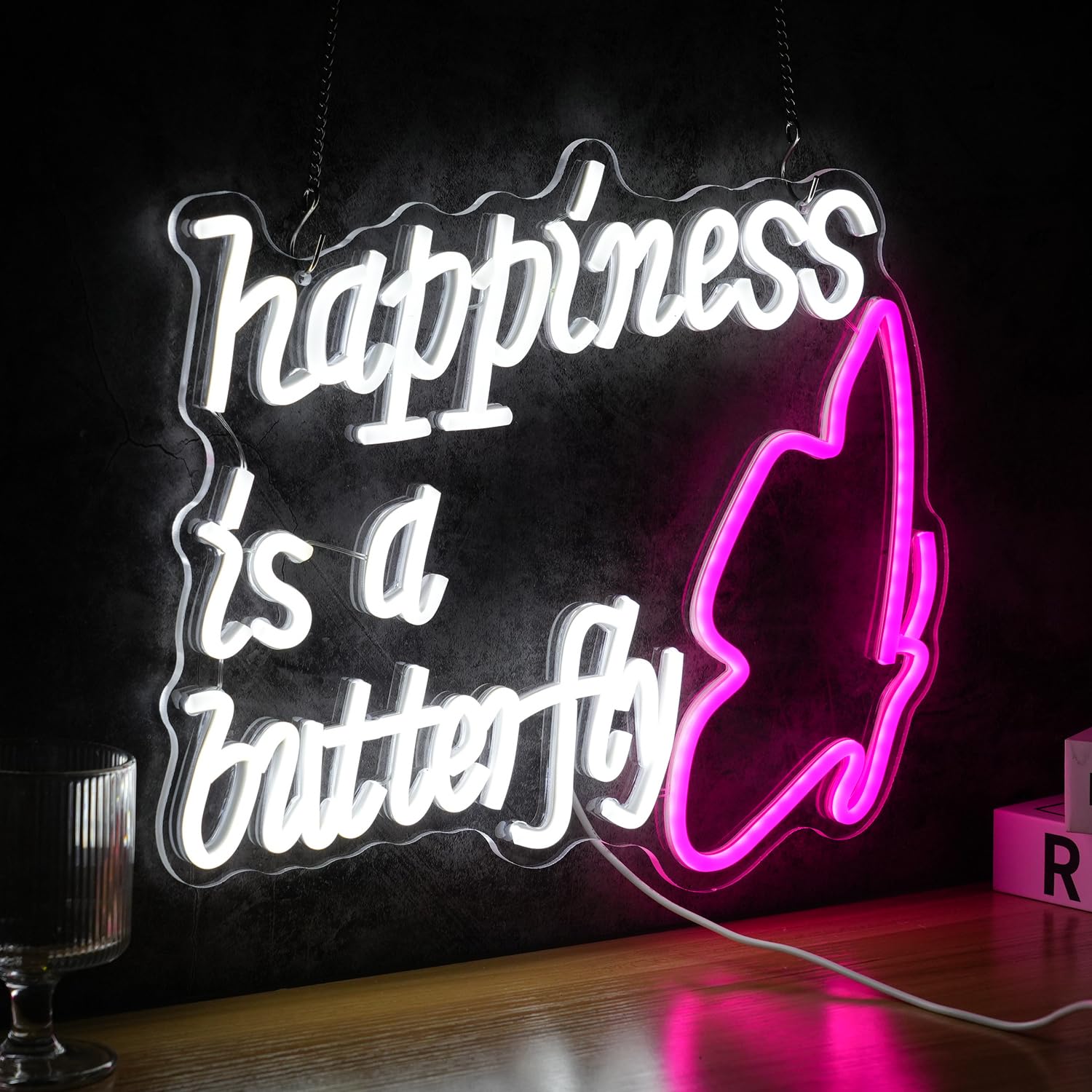 GNVETZLL Neon Sign - Dimmable USB Powered Butterfly Light, Pink & White, 15.7in  x 13in , Acrylic Wall Decor for Party & Living Room