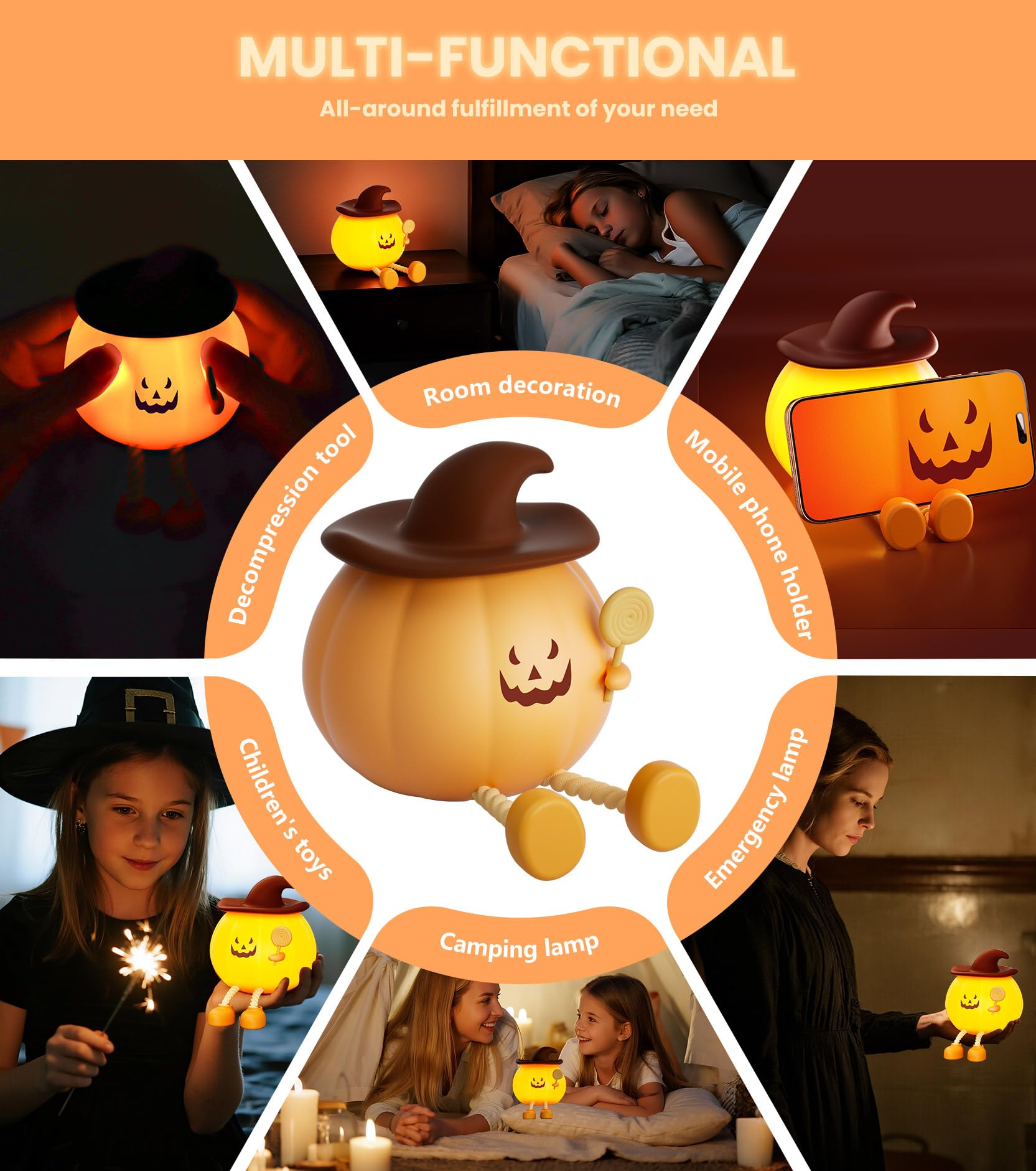 CuieTuee Pumpkin Night Light, USB-Charged, Touch-Controlled, 3-Level Brightness, Small, Orange, Model: cuie-night light-us