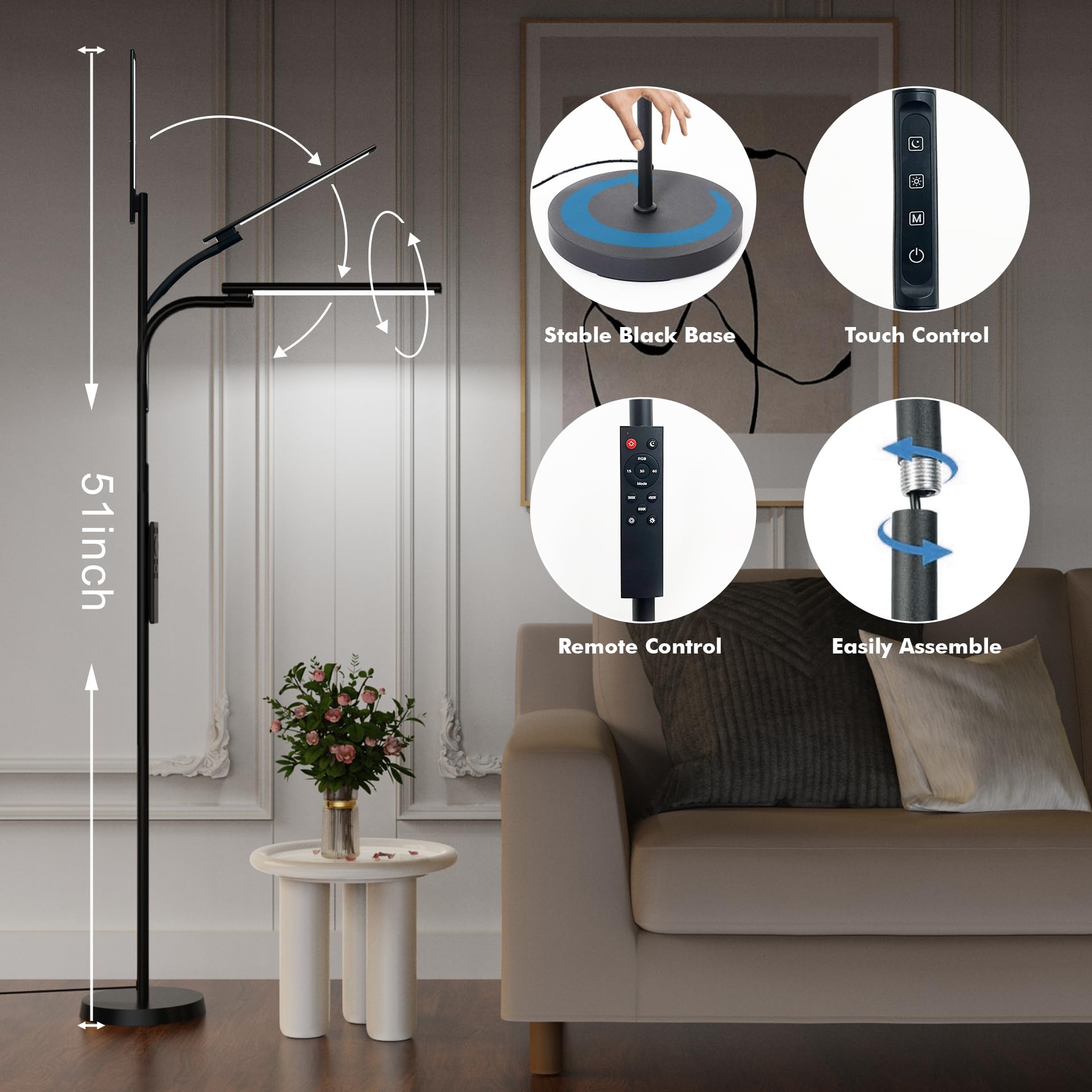 Led Floor Lamp, Bright Rgb Floor Lamps For Living Room, Adjustable 3000K-6000K Colors & Brightness, Gooseneck Modern Standing La