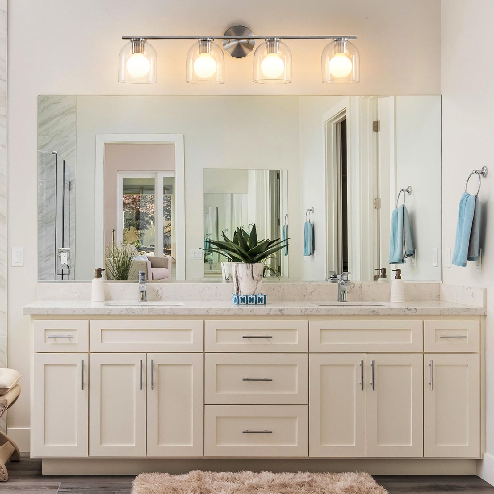 Woshitu Modern Brushed Nickel Bathroom Vanity Lights: 32.3 Inch Over Mirror, 4-Light Fixture With Clear Glass Shade