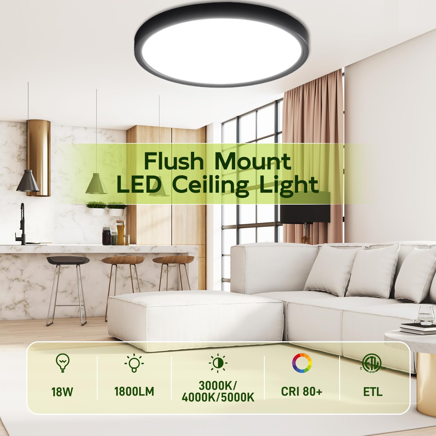 hykolity LED Round Flat Panel Light, 9 Inch, 18W, 1800LM, Selectable CCT 3000K/4000K/5000K, Black