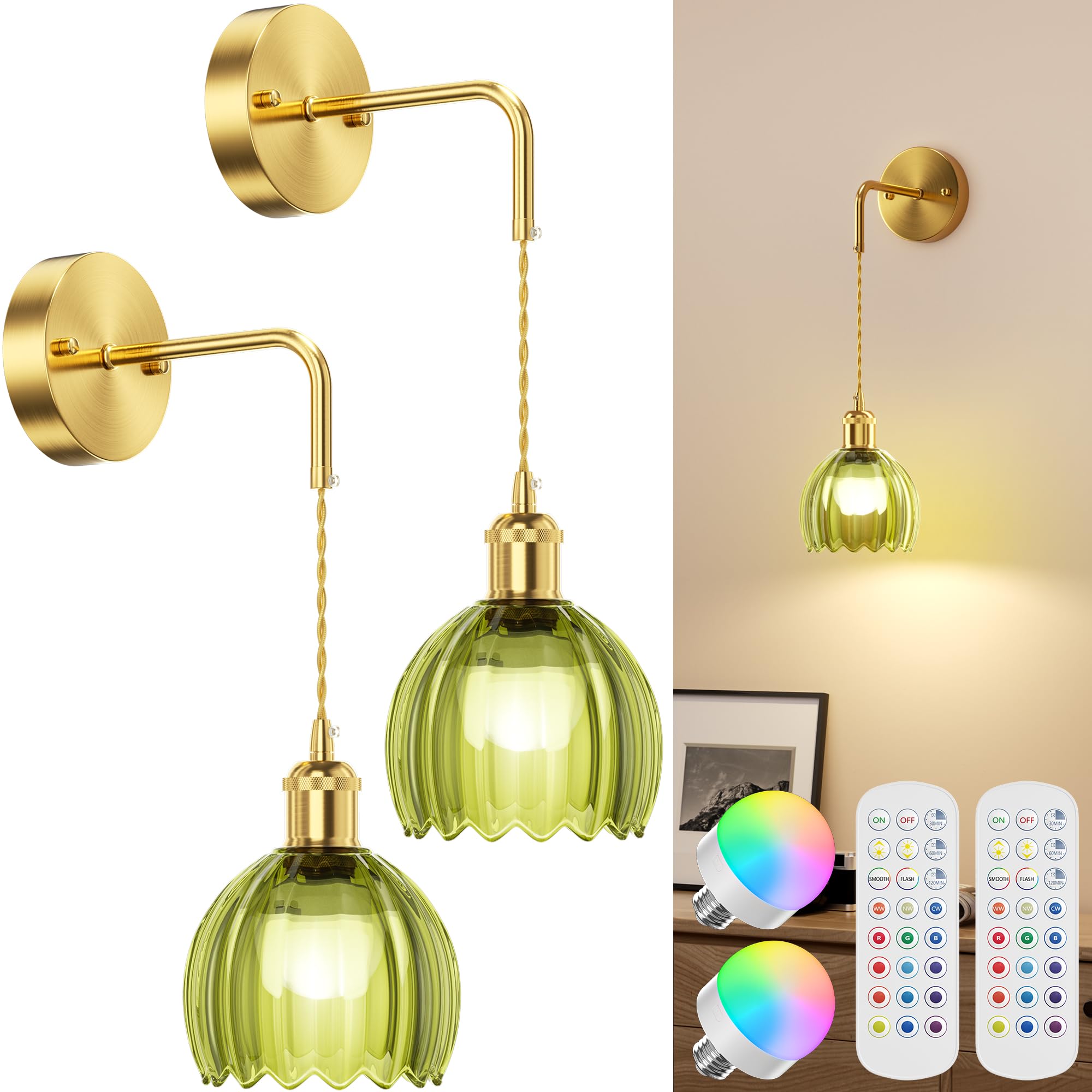 CAMCLIM Rechargeable RGB Bulb Wall Sconce, Vintage Green Glass, Dimmable, Battery Operated, Set of 2, Model DX0050