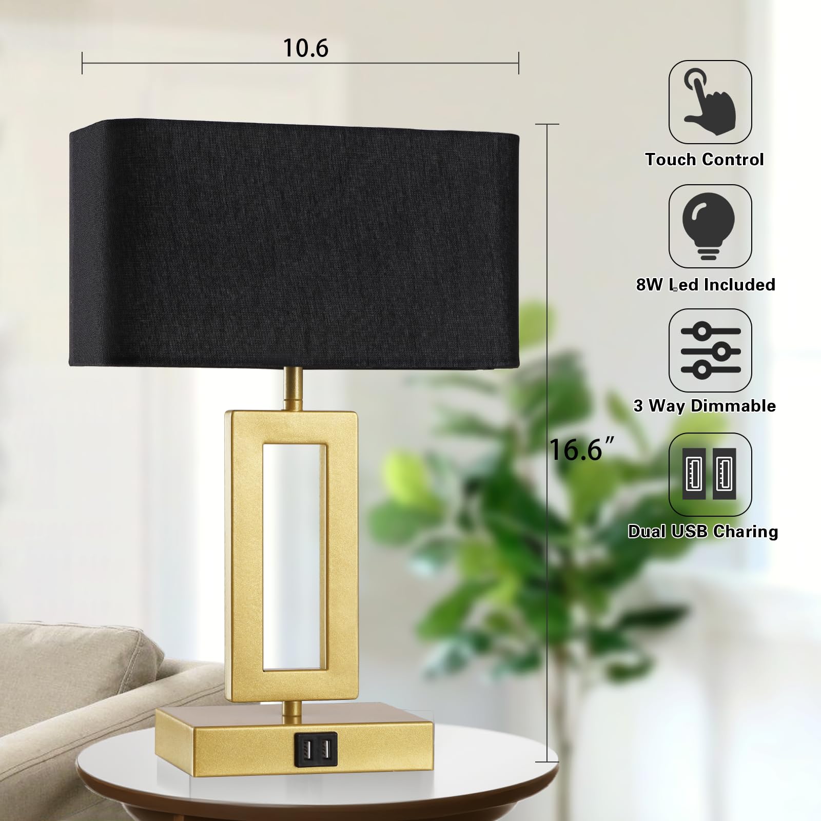gernehop Black Table Lamps Set of 2, 3-Way Dimmable Touch Control, 16" Medium, USB Ports, LED Bulbs Included, Model T1002-GD-B