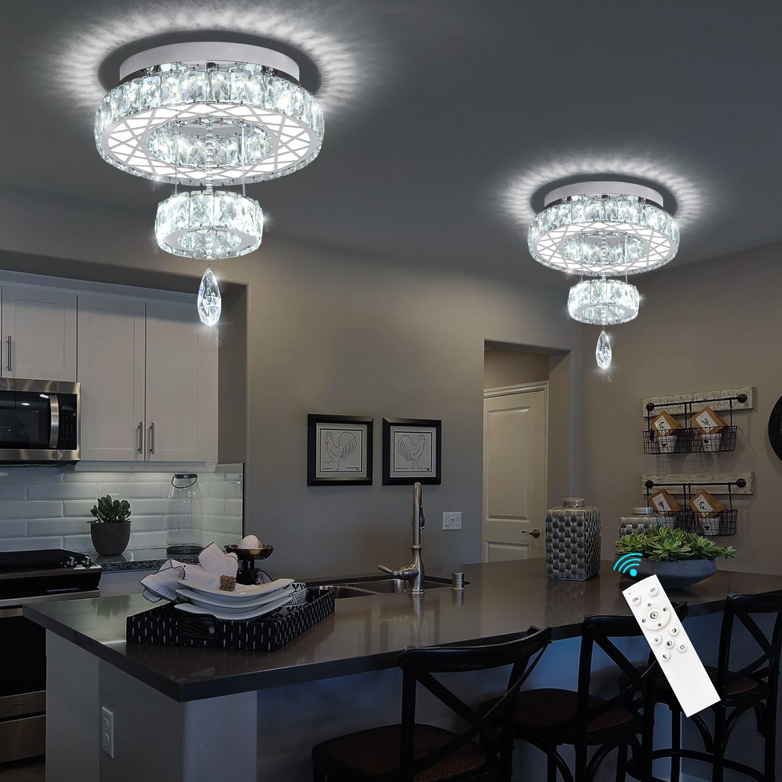 HAIXIANG 16" Glam Chandelier LED Light Fixture - Modern Silver Ceiling Lighting for Bedroom, Hallway, Kitchen, Dining Room, Model MMQ3831