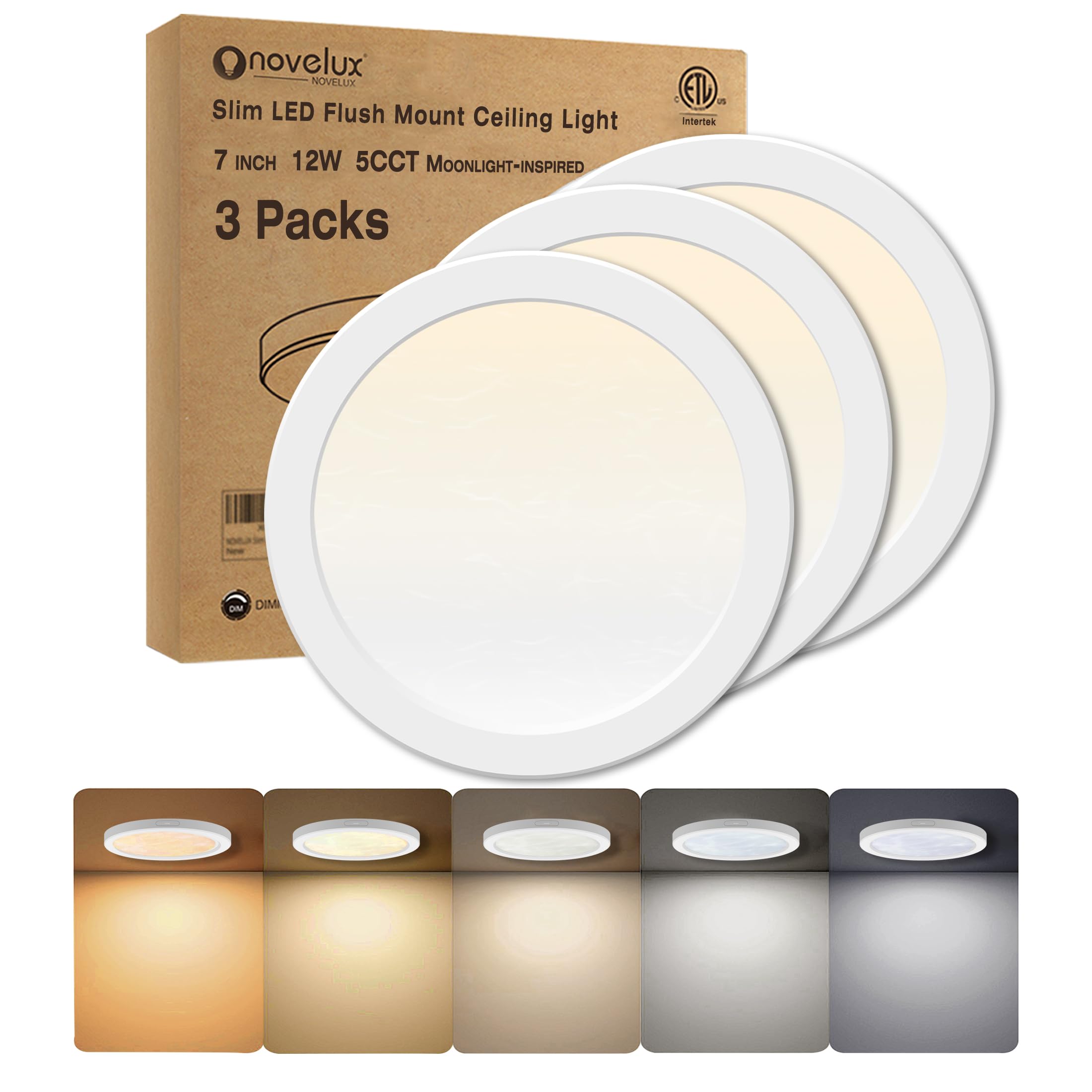 Novelux 7.3'' Flush Mount Ceiling Light Dimmable With Etl Cert, 5Cct Led Moon Style Round Light Fixture For Bedroom, Bathroom, K