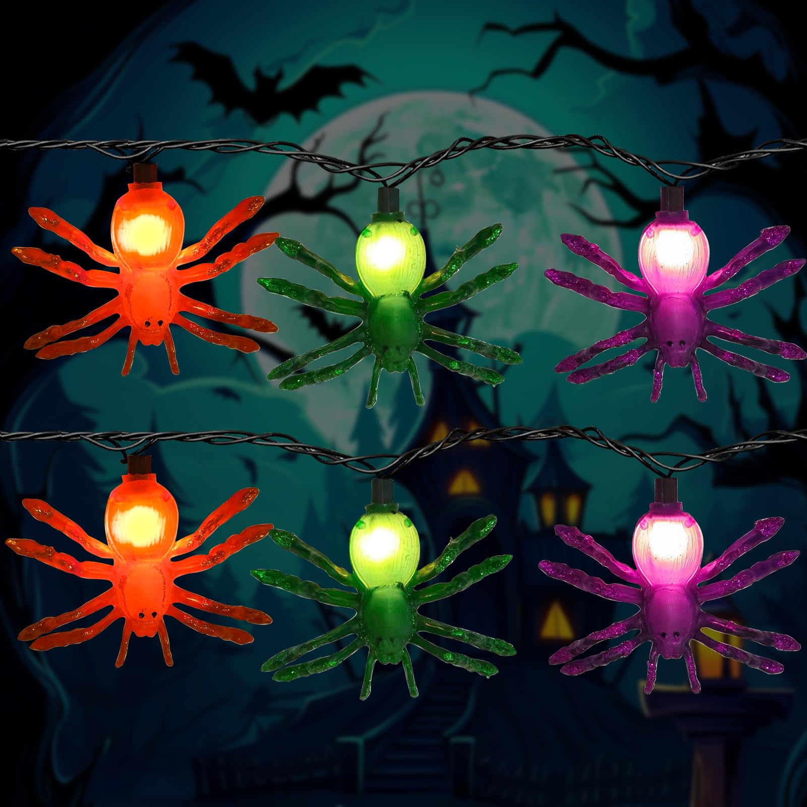 Halloween Spider String Lights, 8.5Ft Spooky Halloween Multi-Color Spider Led String Lights With 10 Lifelike Spider Lights For Window Outdoor Halloween Party Holiday Decor, Black Wire