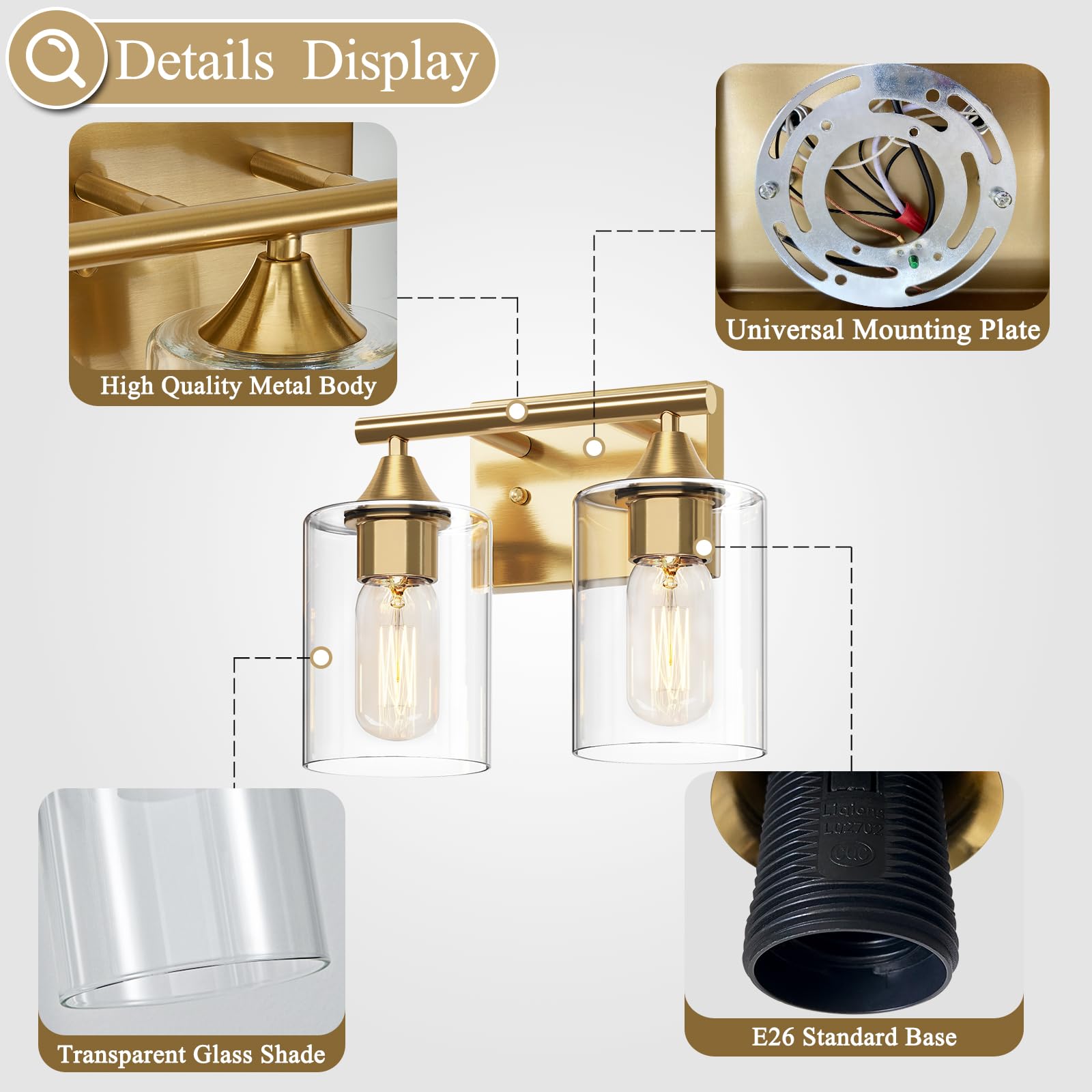 Xpehk Gold Vanity Lights For Bathroom,2-Light Bathroom Light Fixtures,Brushed Brass Gold Wall Sconce Lighting,Modern Wall Lamp F