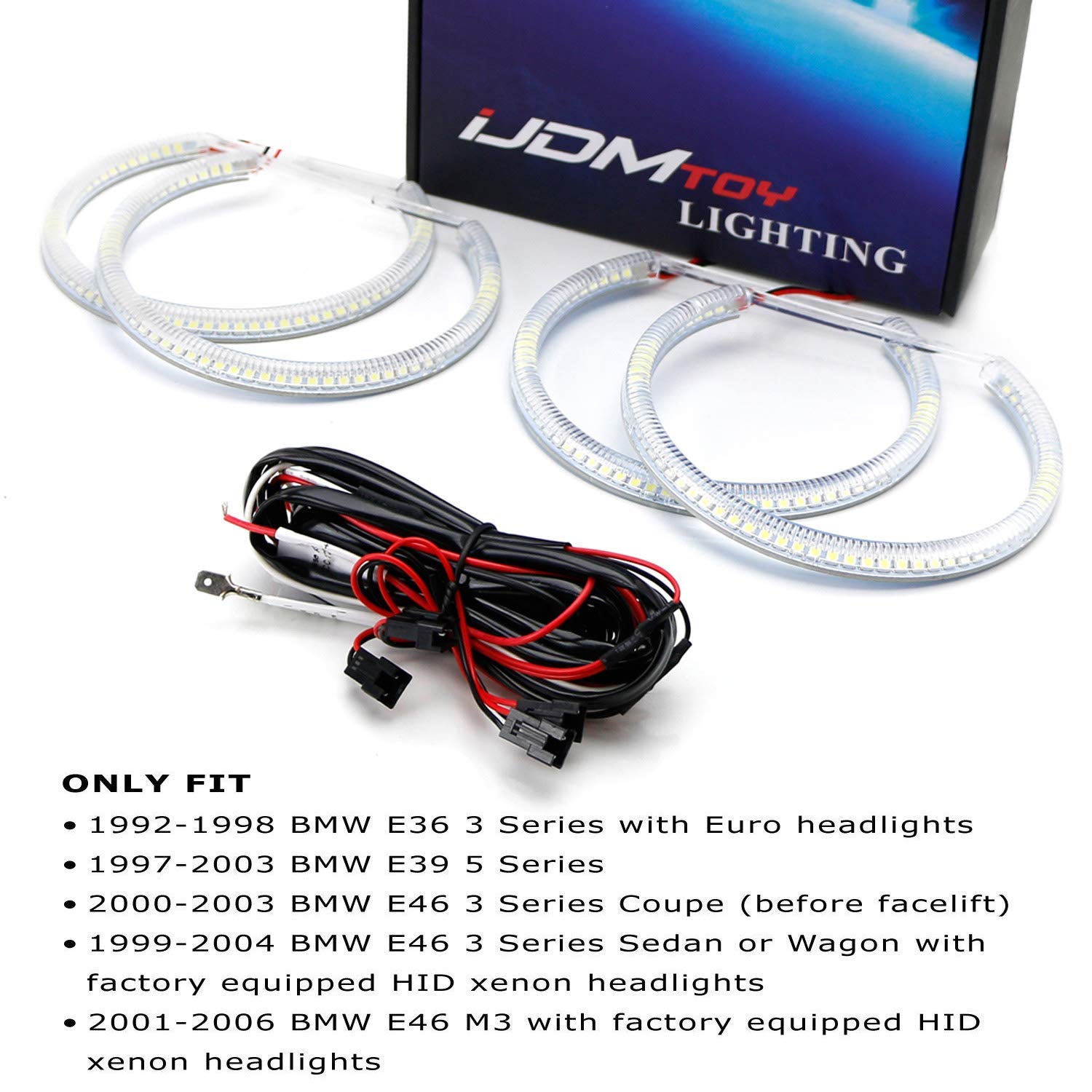 iJDMTOY 7000K Xenon White LED Halo Ring Lighting Kit for BMW E36 E46 E39 E38 5 7 Series, Upgrade Headlight Headlamp