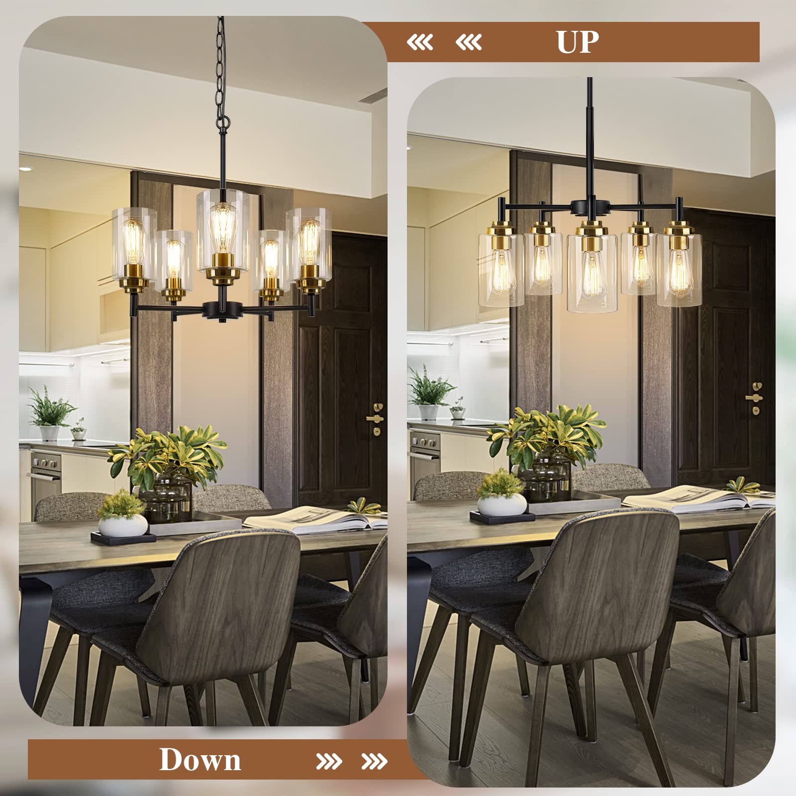 Sucolite 5-Light Black & Gold Chandelier - Modern Farmhouse Pendant Lighting For Dining Room