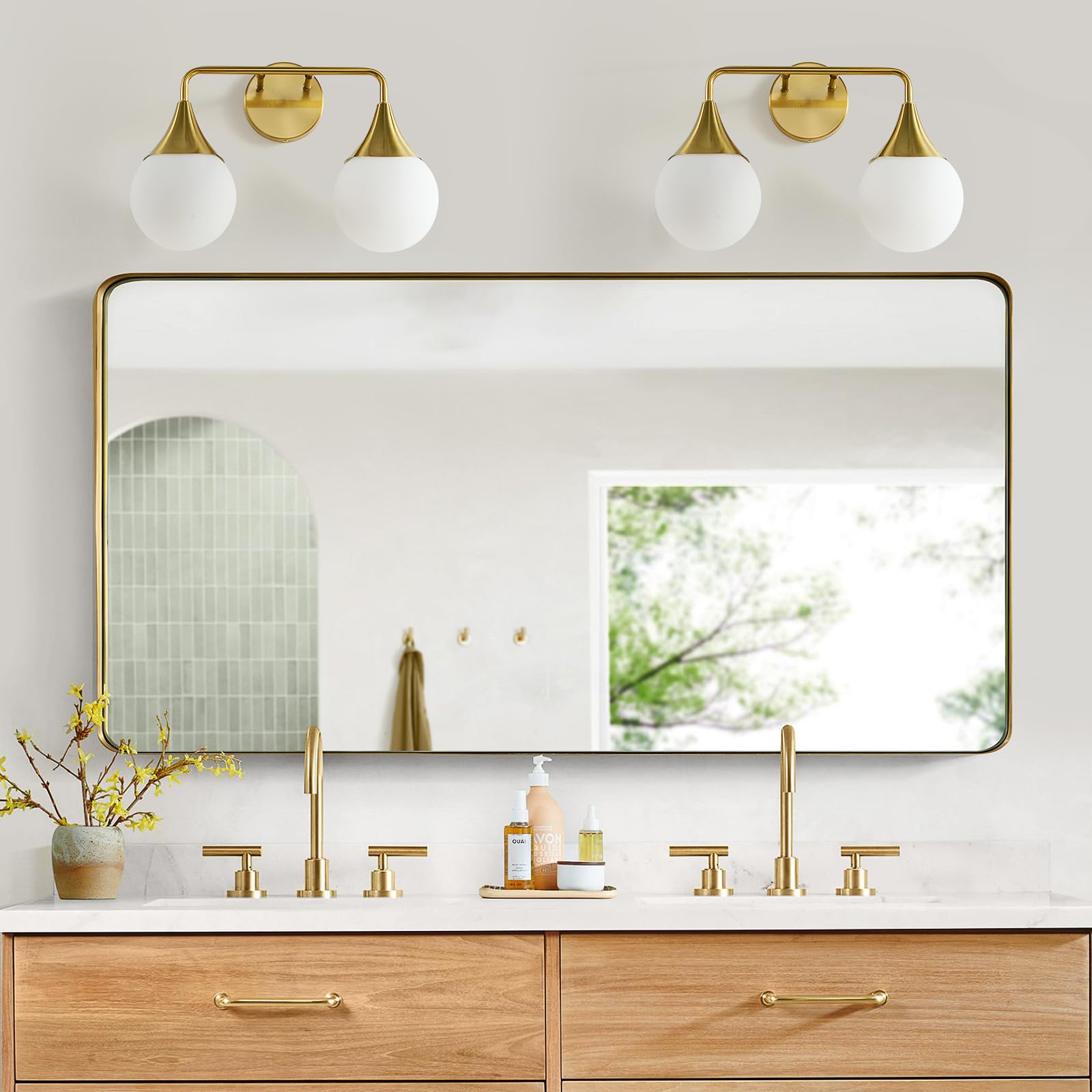 HAHZT 2-Light Bathroom Vanity Light Fixture - Brushed Gold Metal Sconce with Frosted Glass - Model 8089ML