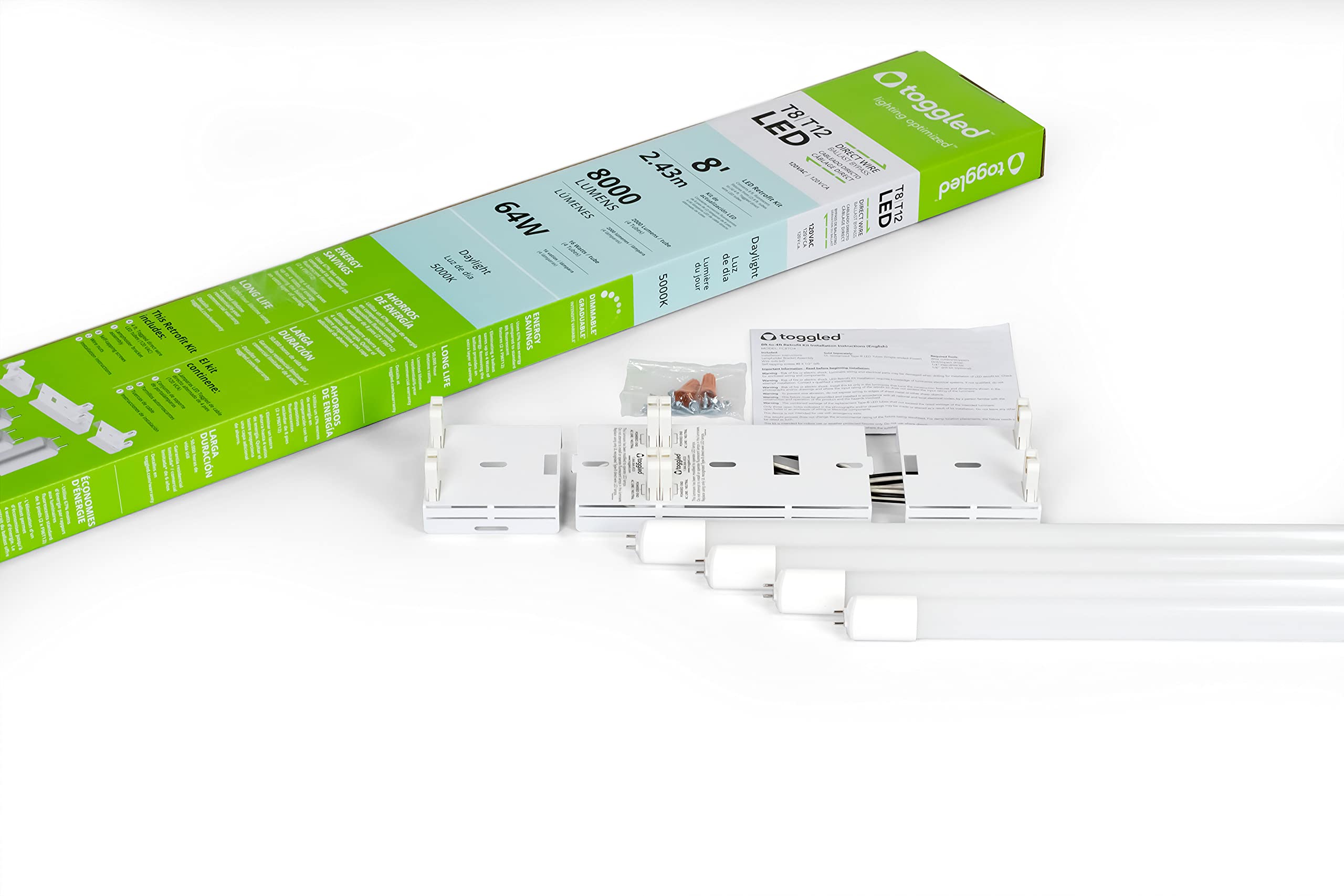TOGGLED 8ft to 4ft Fixture (Direct-Wire) LED Conversion Kit (T8/T12; 120V) 5000K (Daylight) Dimmable 64 Watts