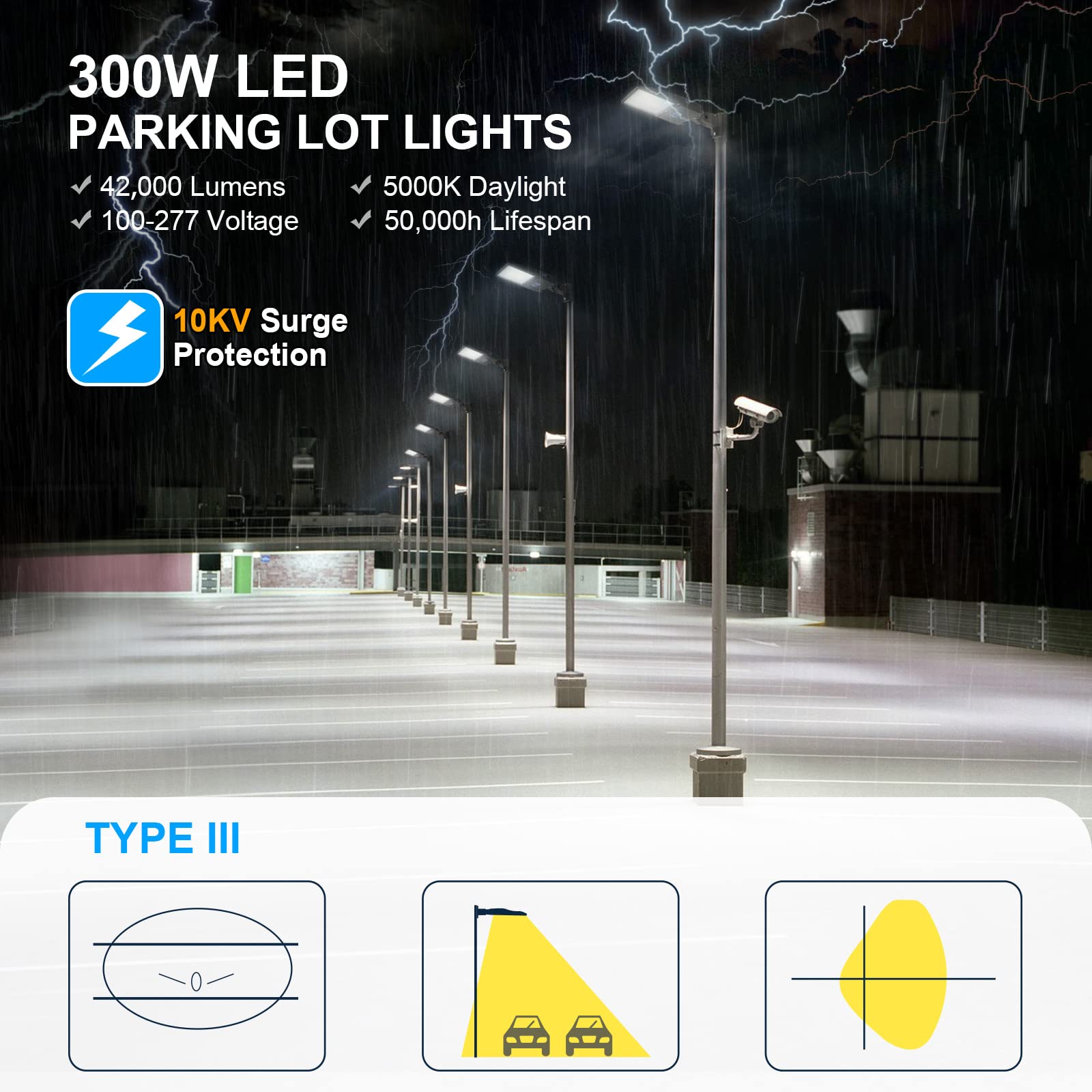 AKK LED Parking Lot Light 300W Adjustable Arm Mount 42000LM 5000K Waterproof ETL Listed