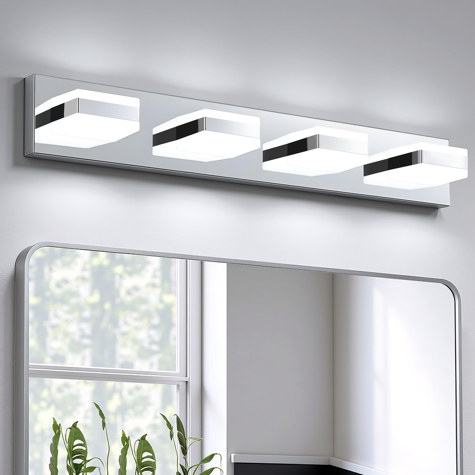 NEWSEE Bathroom Lighting Fixtures Over Mirror  4 Light Bathroom Vanity Light Fixtures with Cool White 5000K  Silver LED Modern Vanity Wall Lights for Bath  Dressing Room  Restroom  29.5 inch