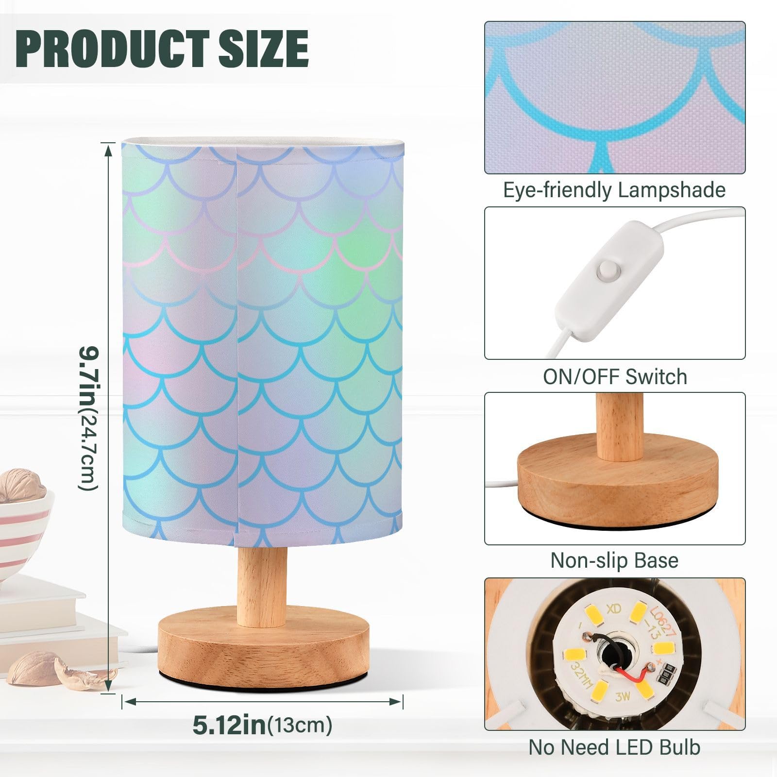 Alaza Fish Scale Mermaid Funny Decor Bedside Table Lamp With Usb Port For Bedroom Nightstand Office Desk Led Bulb Included