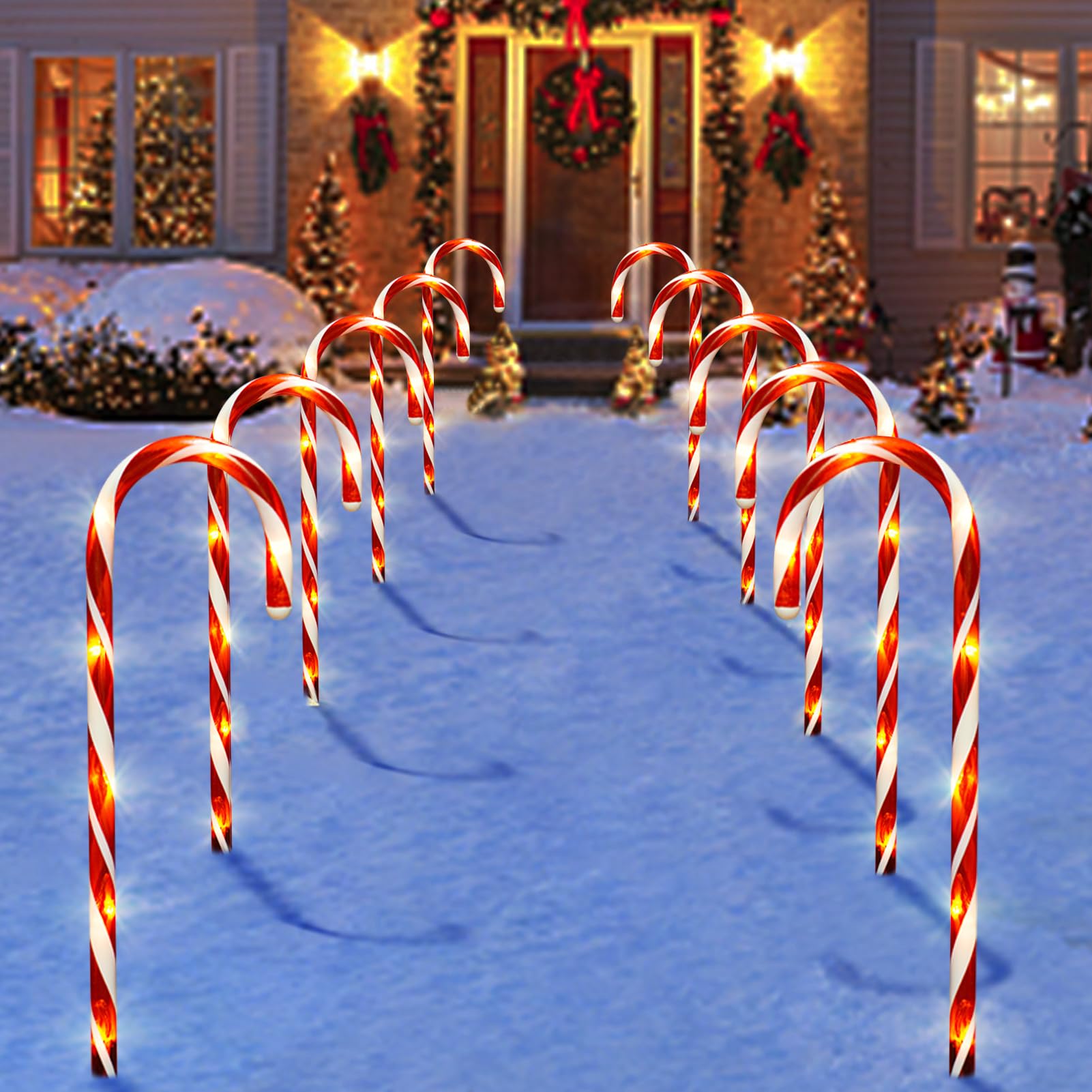 Outdoor Christmas Decorations, 10 Pcs Christmas Candy Cane Lights, 21'' Solar Pathway Lights with 8 Lighting Modes, Waterproof G