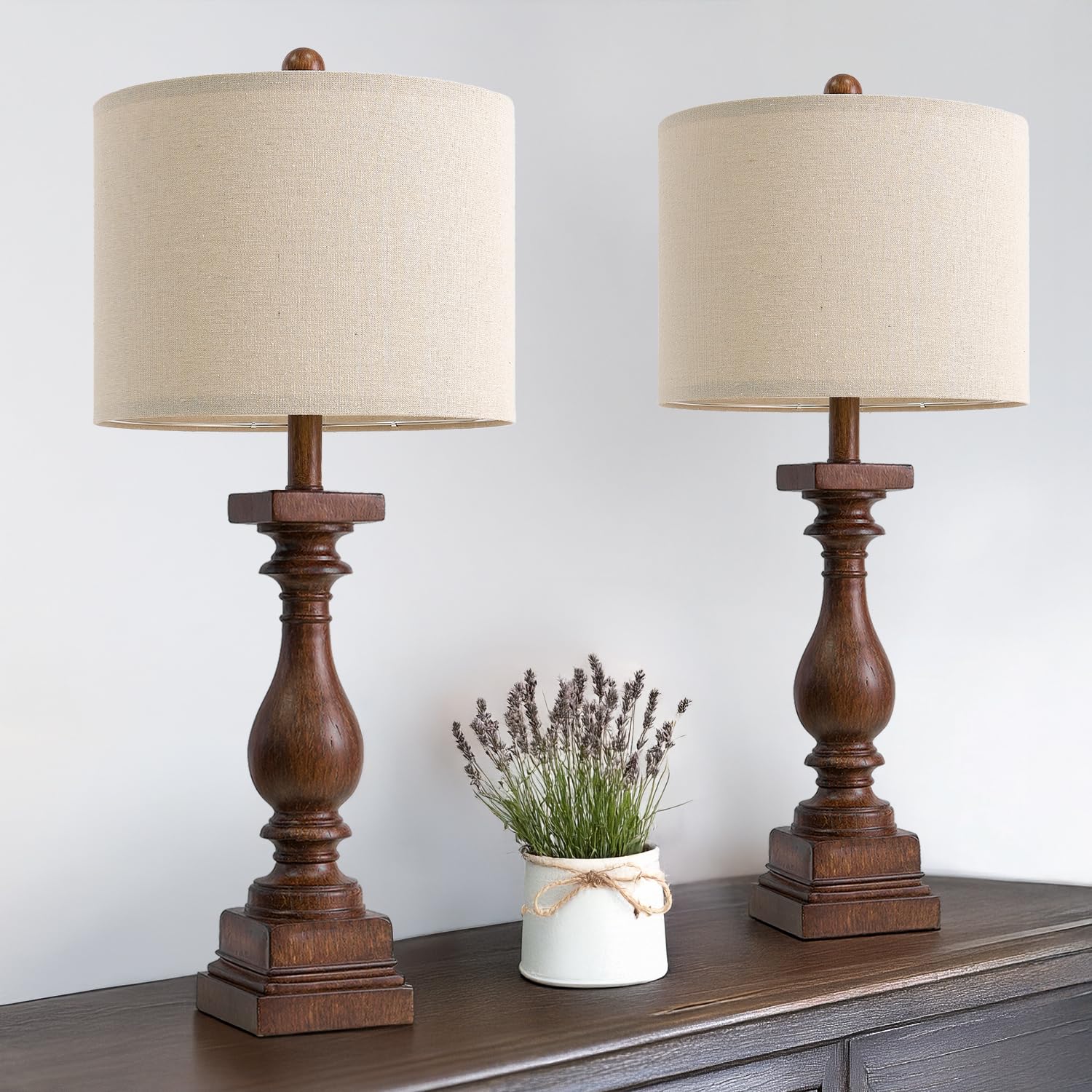 Bobomomo 27'' Farmhouse Living Room Lamps With Usb-A +C Ports, Vintage Rustic Bedside Night Stand Lamps Set Of 2, Linen Shade, R