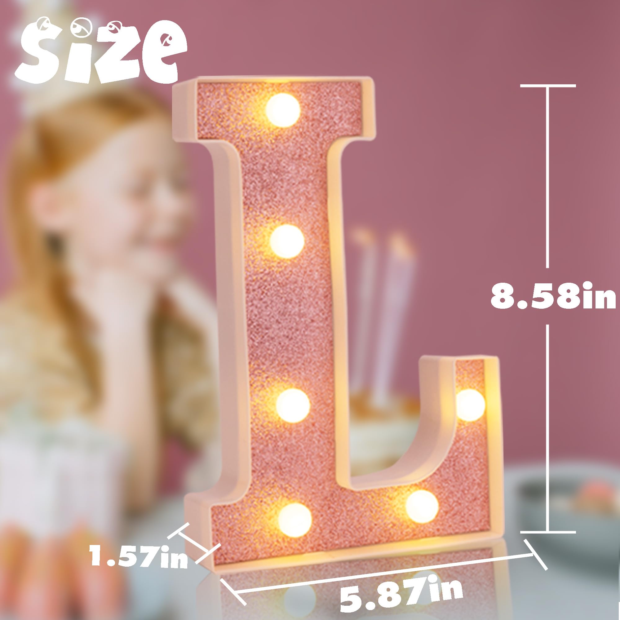 DyingSwan Small LED Marquee Letter L, 8.58 Inch Pink Glitter Lighted Sign, Battery Powered Plastic Decor for Parties and Birthdays