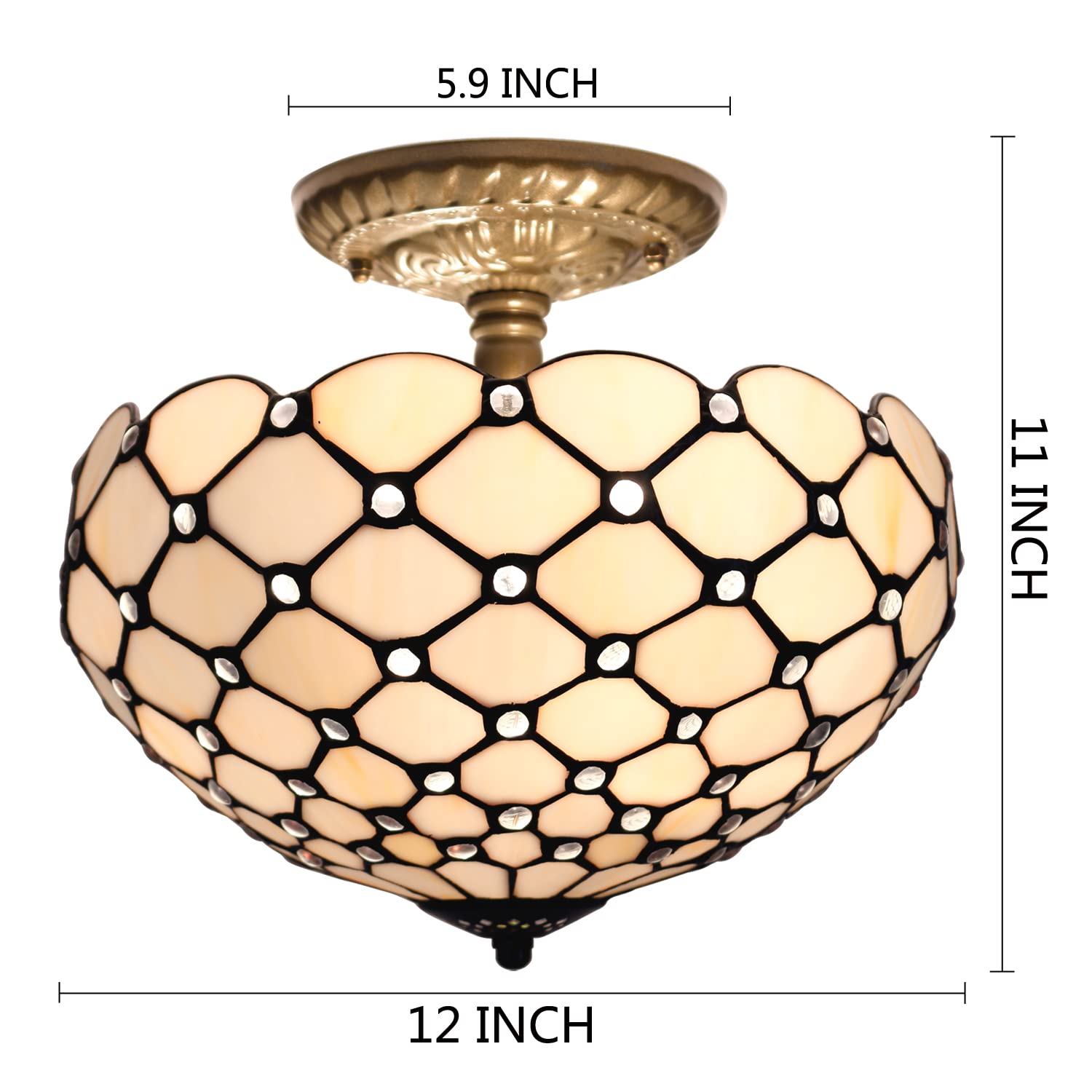 WERFACTORY Tiffany Ceiling Light Fixture, 12 Inch Semi Flush Mount Lamp, Cream Amber Stained Glass, S005 Series, 11 Inch Height