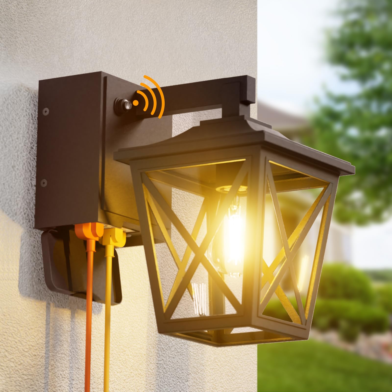 Ehaho Porch Lights with Outlet, Dusk to Dawn Outdoor Light with Outlet Built-in, Waterproof Anti-Rust Lantern Outside Light with
