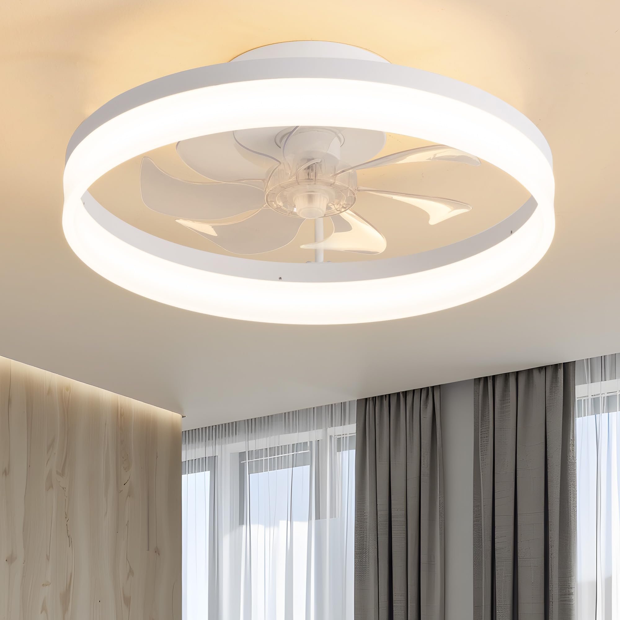 PUSU 19.7 Low Profile LED Ceiling Fans with Light  Reversible Flush Mount with Remote and 6 Winds Speeds Fan Lighting  3 Colors Dimmable for Bedroom  Living Room  Kids  Dinning Room  Kitchen (White)