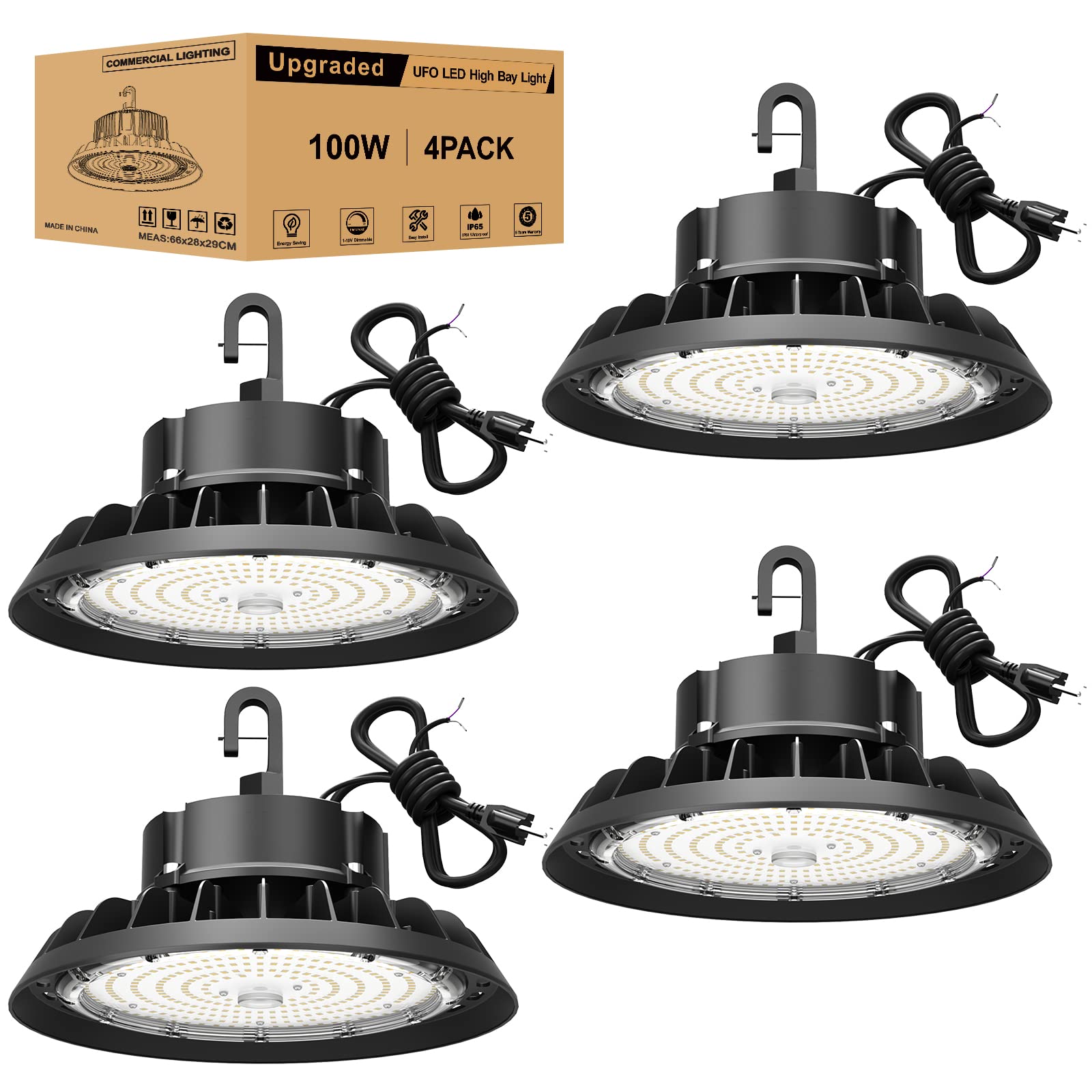 JC-LGL UFO LED High Bay Light 100W 4Pack, High Bay LED Shop Lights 14,000LM Dimmable, 6' Cable with US Plug, Hanging Hook, Safe 