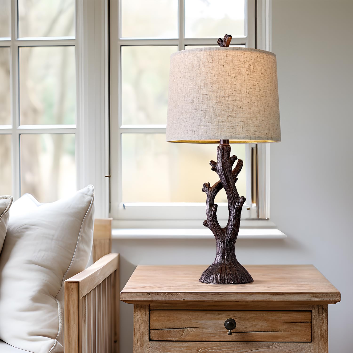 OYEARS 25" Farmhouse Table Lamp Set of 2, Vintage Brown Resin Nightstand Lamps, Model AMZ-T1143BR for Living Room and Bedroom