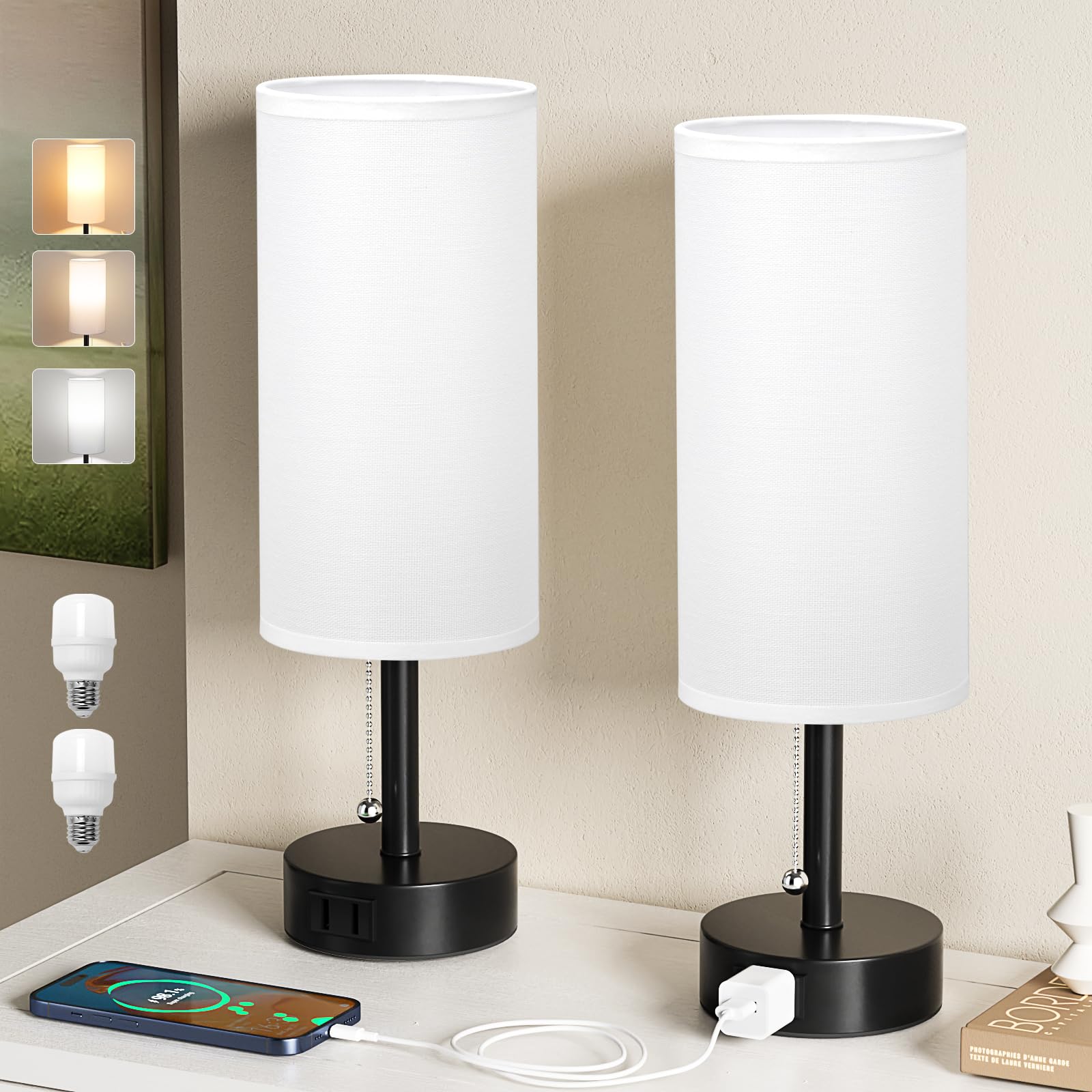 Fenmzee White Bedside Table Lamps Set of 2-3 Color Temperatures Pull Chain Lamp with AC Outlet Charging Port, Round Night Stand 