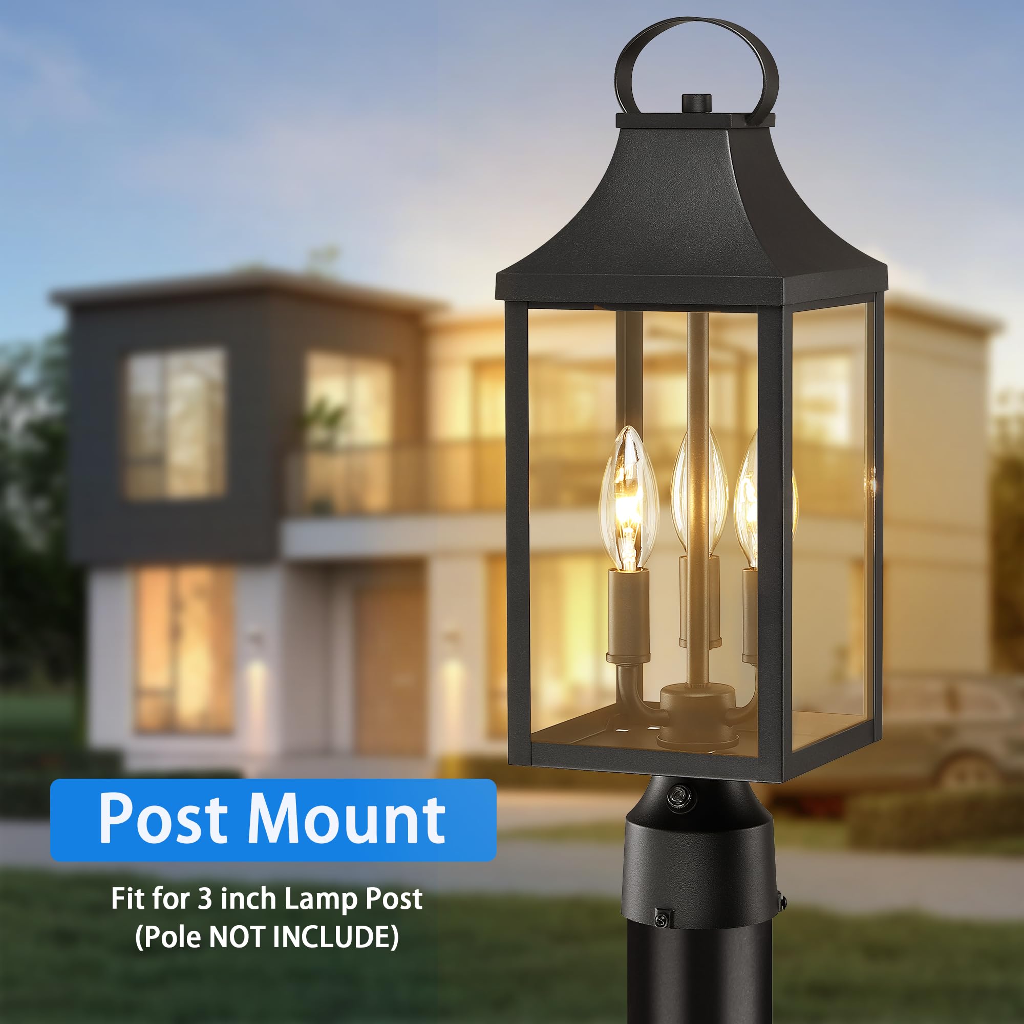 18.62'' Dusk To Dawn Post Light Outdoor, Large 3-Light Lamp Post Light Fixture, Modern Pillar Outside Lighting Waterproof Post Lantern Lamp Outdoor Post Light Fixtures Pole Lights For Porch, 1 Pack
