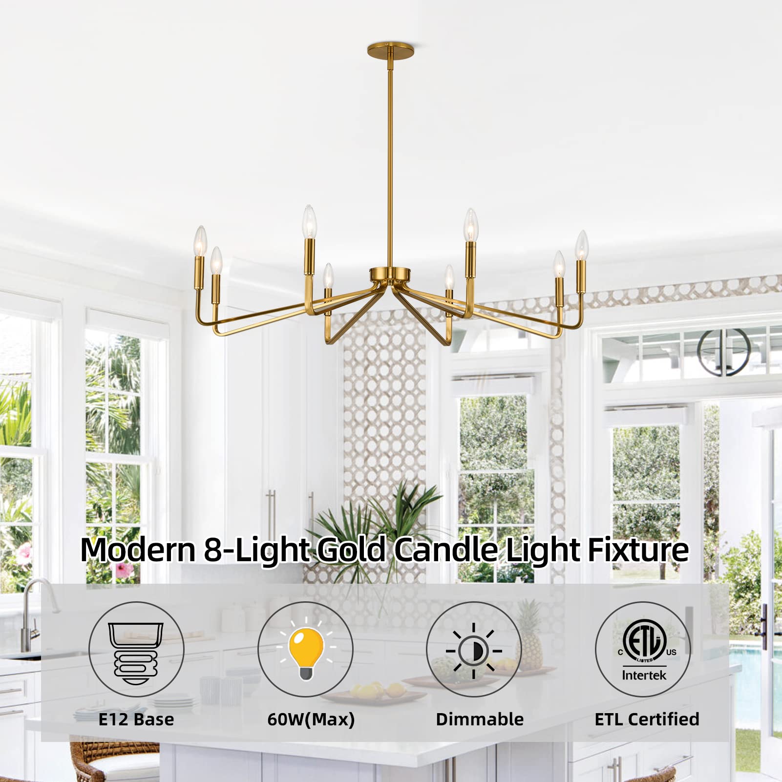 ACANER 38" Gold 8-Light Modern Farmhouse Chandelier, Brushed Brass Metal Ceiling Fixture for Dining Room, Living Room, Kitchen Island
