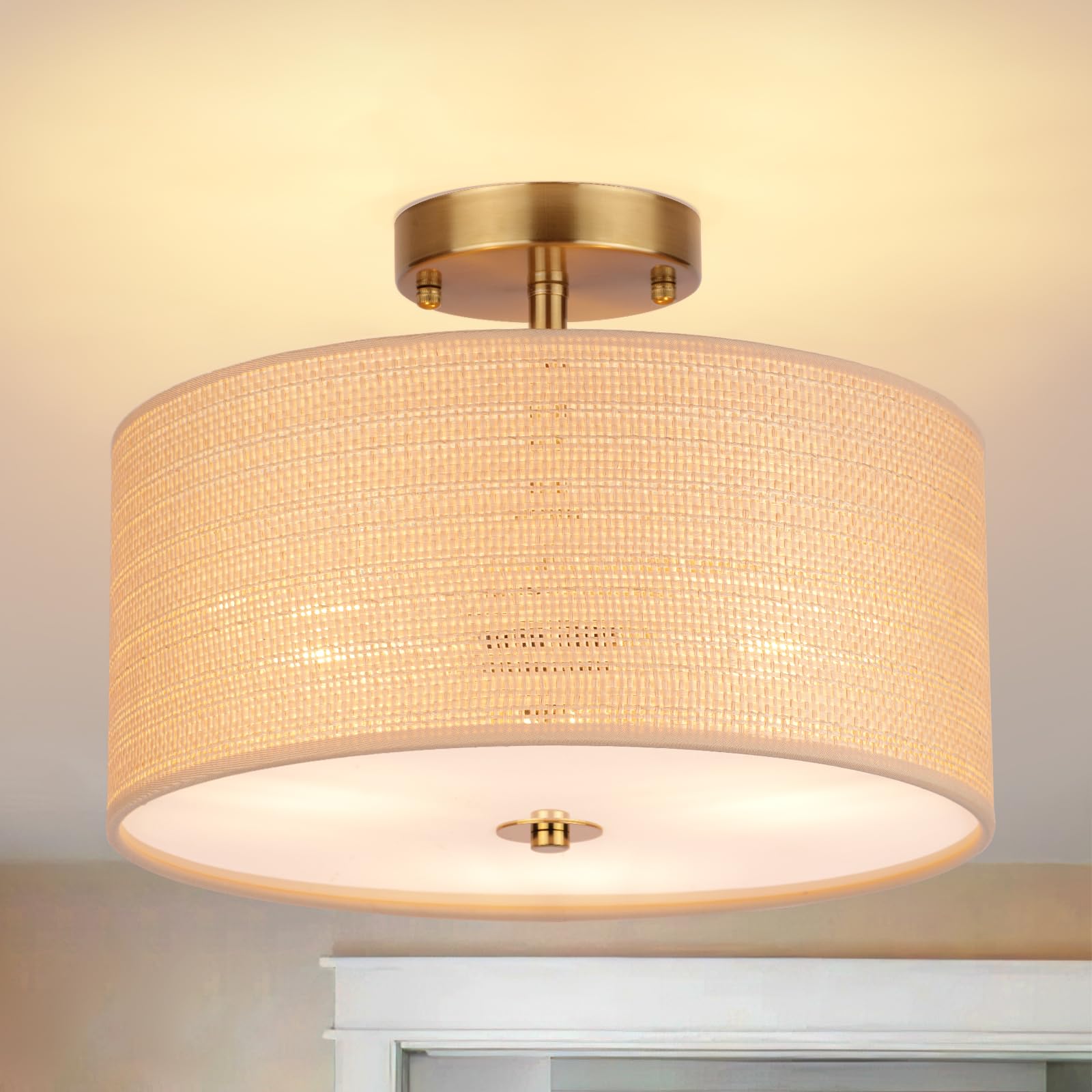 Clarsyne 13 Boho Woven Rattan Ceiling Light Fixture  3-Light Semi Flush Mount Modern Drum Lamp With Beige Fabric Shade  Rustic Lighting For Bedroom  Living Room  Dining Room  Hallway And Entryway