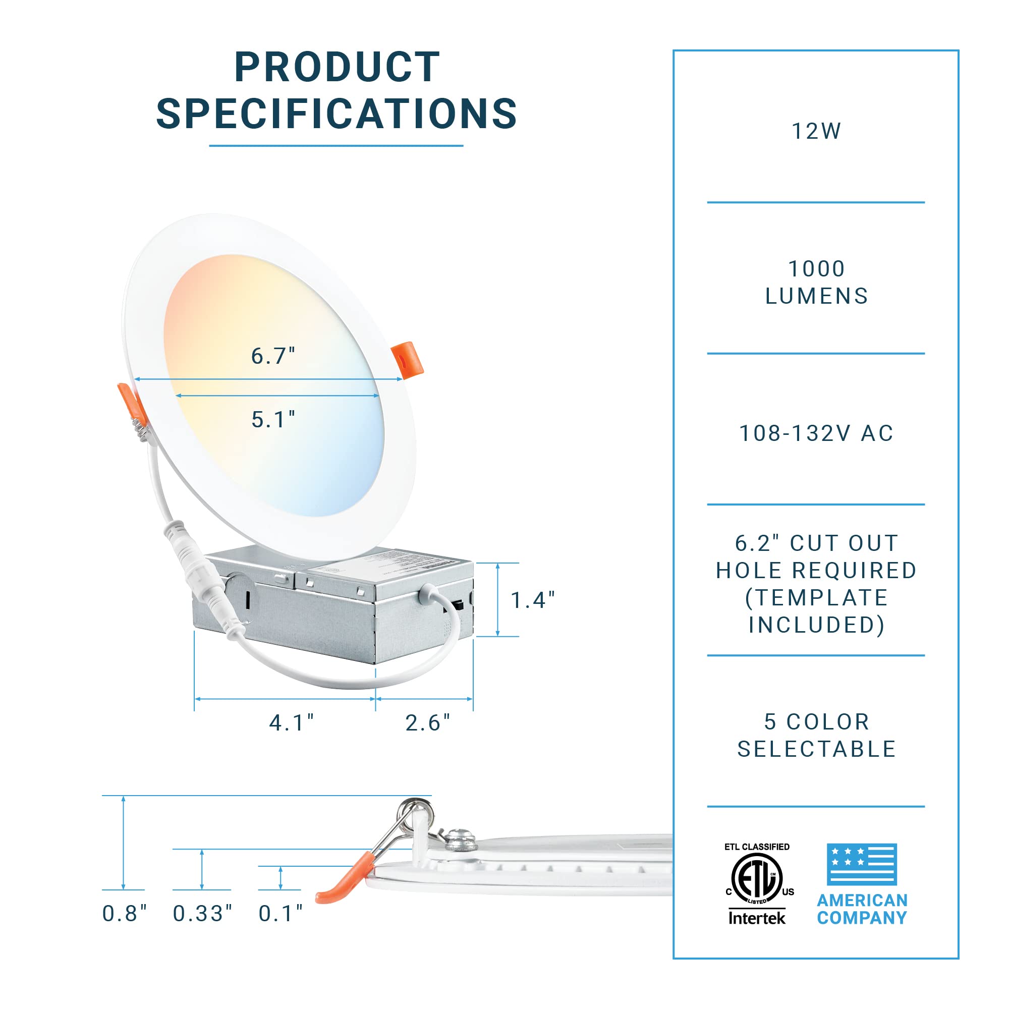 Parmida LED Ultra-Thin 6 Inch Dimmable Recessed Ceiling Light, 12W, 5CCT Color Selectable, ETL, Model PLED-PDN12W5