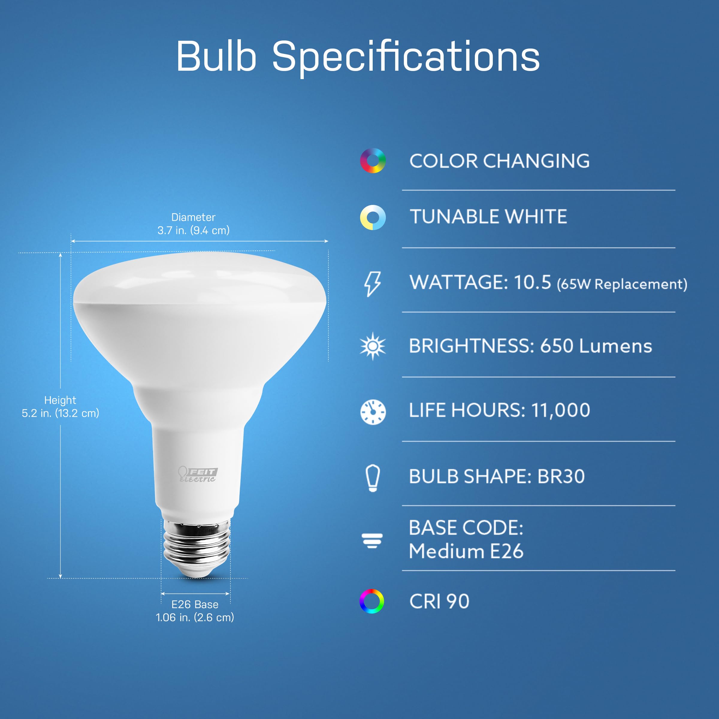 Feit Electric Br30 Smart Led Light Bulbs, 65W Equivalent, Dimmable, Color Changing, Tunable White, 650 Lumens, 2.4Ghz Wi-Fi, Ale