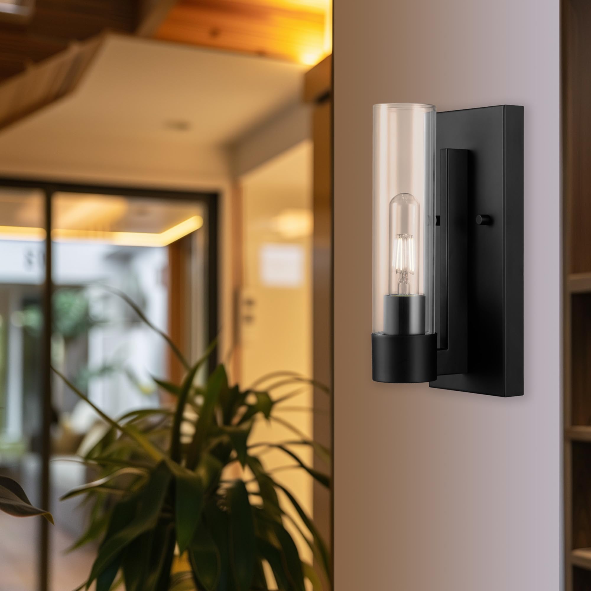 Globe Electric 65000104 1-Light Wall Sconce, Matte Black, Glass Shade, Wall Lights For Living Room, Bedroom, Den, Mounted Bedsid