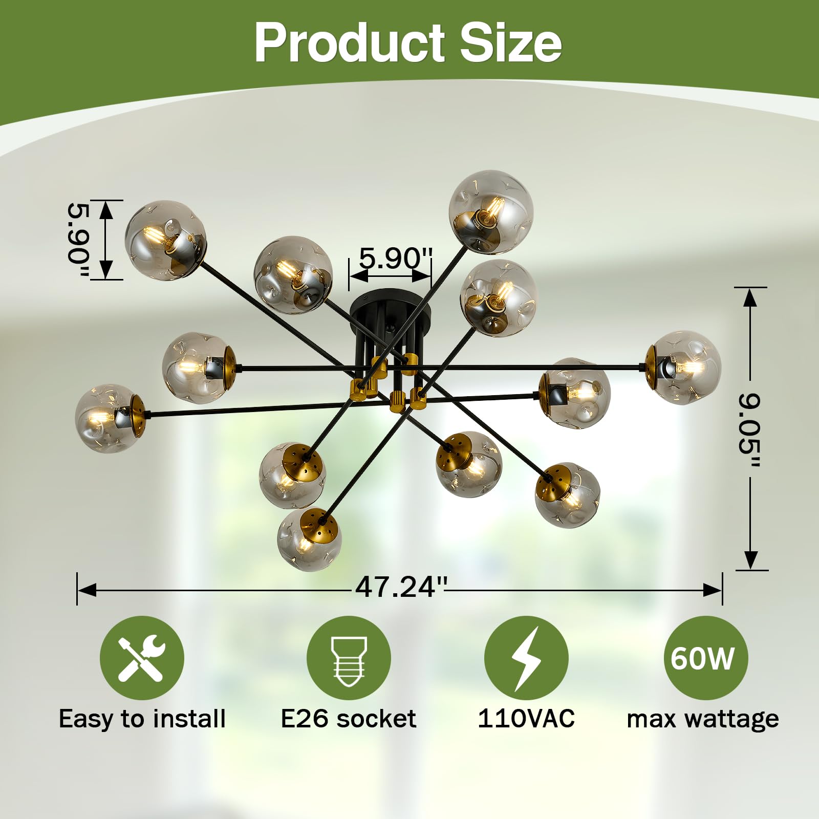 Szxykeji 12 Light Glass Globe Ceiling Light Black Mid Century Flush Mount Sputnik Light Fixture Bubble Chandelier For Living Roo