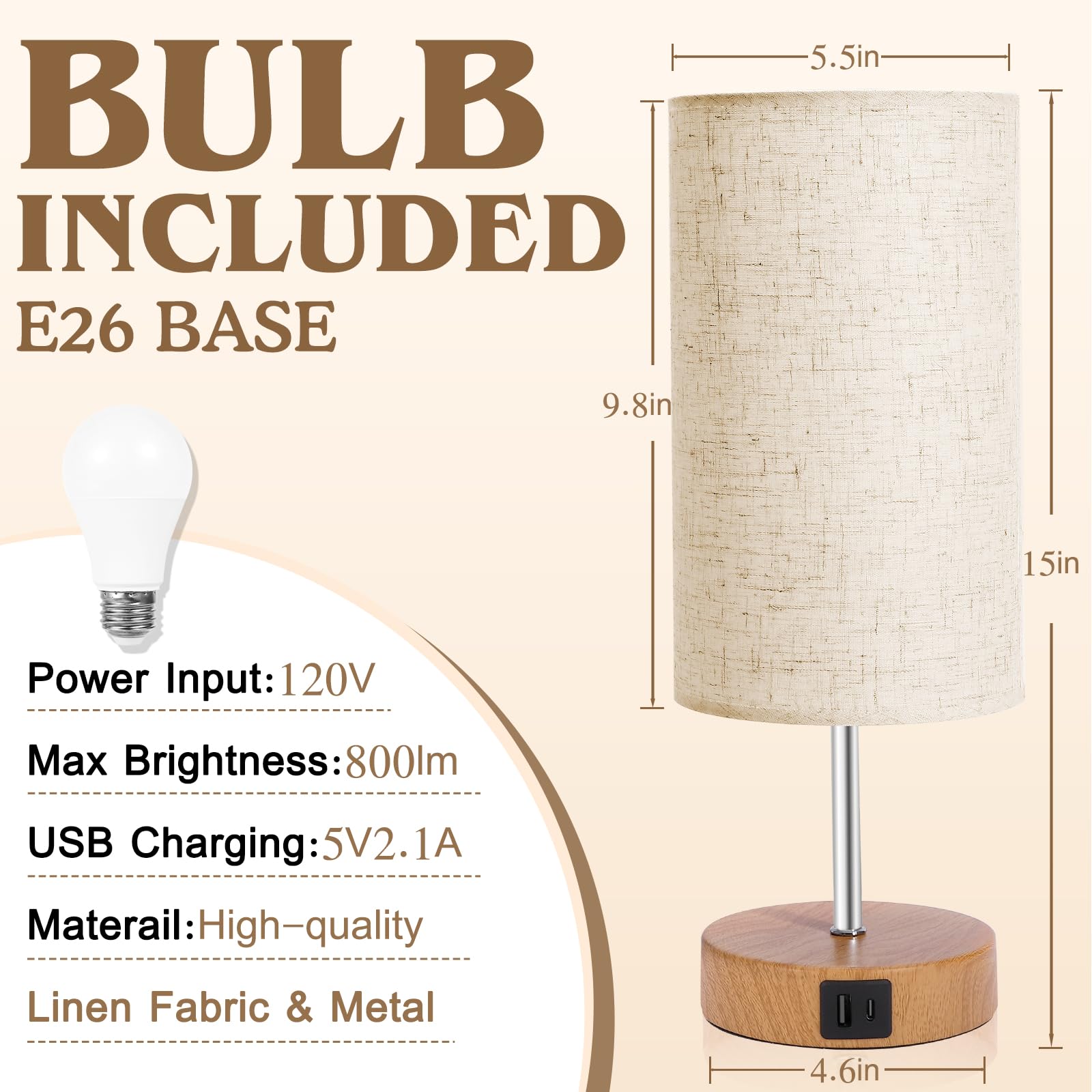 Bedside Table Lamp For Bedroom - 4 Way Dimmable Touch Lamp With Usb And Type-C Charge Port, Small Wood Base Round Flaxen Fabric