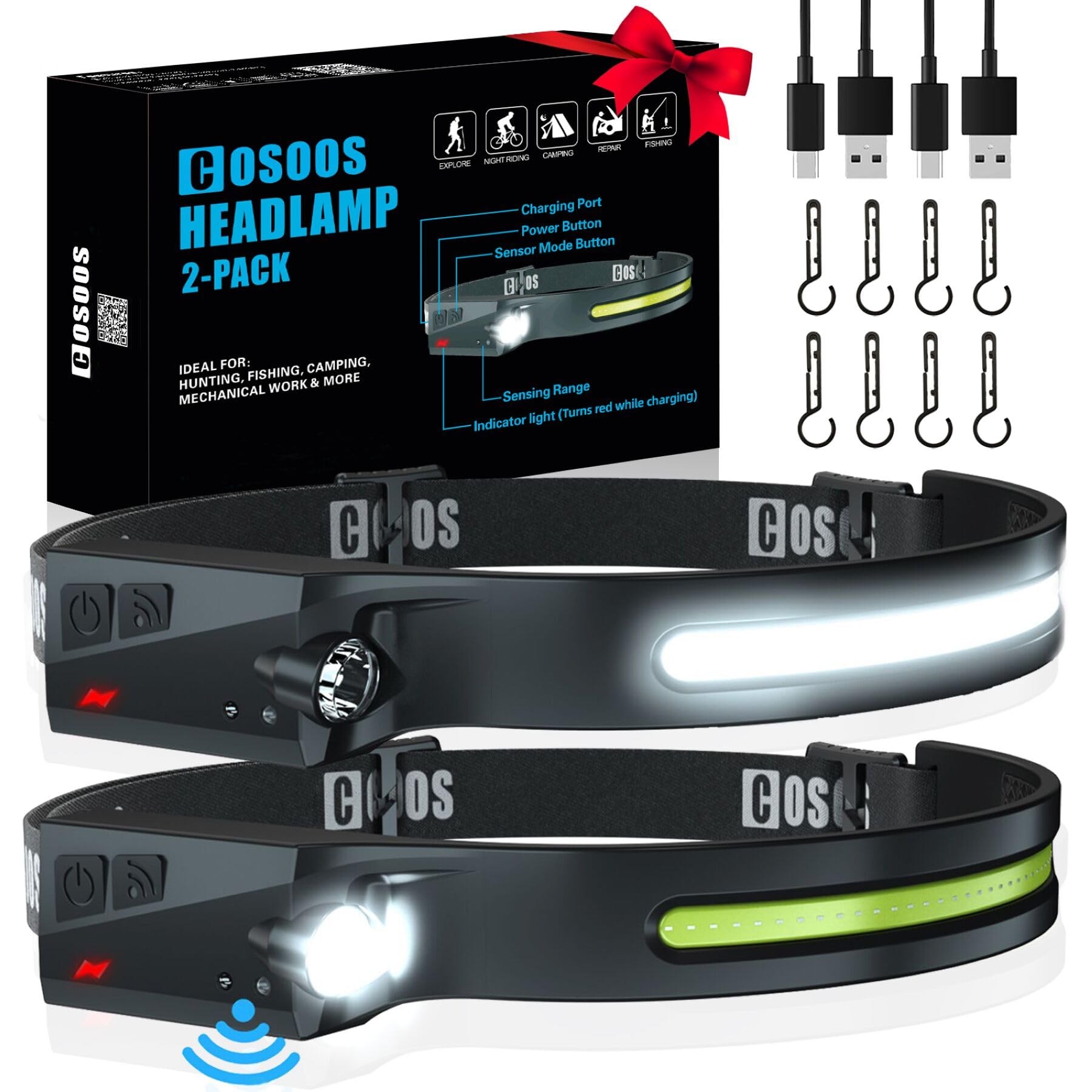 Cosoos Original 2 Rechargeable Headlamps, Bright Led Headlamp Flashlight 1000 Lumen, 230  Wide Beam & Spot Light, Motion Sensor,