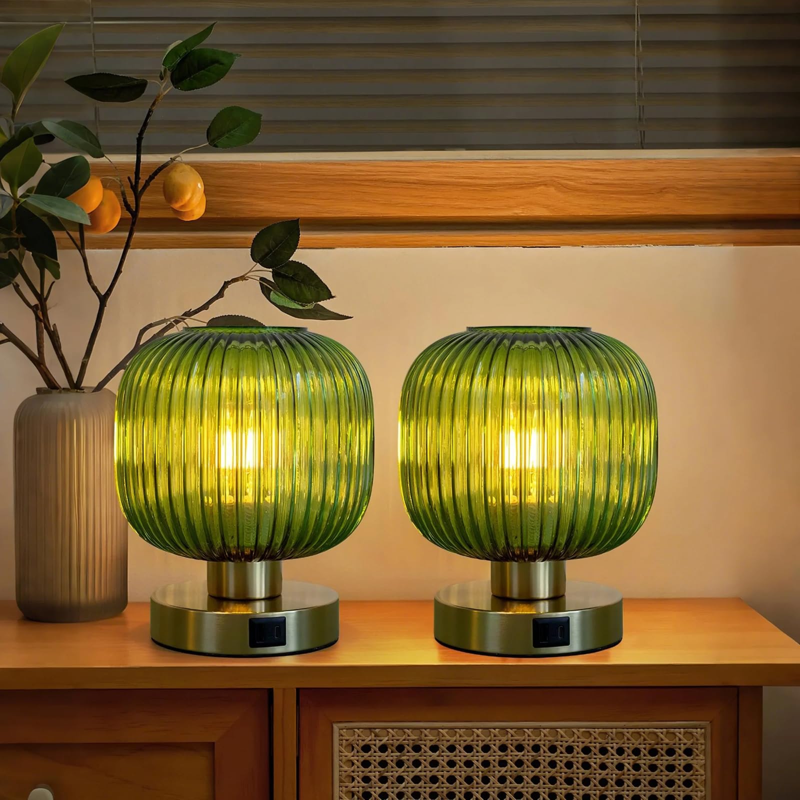Touch Control Small Table Lamp Set Of 2, Elegant Green Glass Bedside Lamp 3 Way Dimmable With Usb C+A Charging Ports - Bedroom N